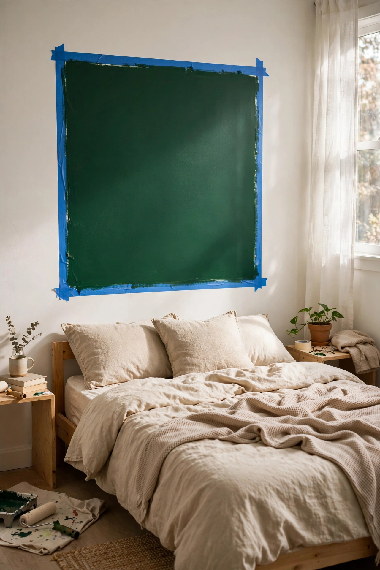 Bold painted accent wall rectangle behind a bed made as an easy diy home decor project