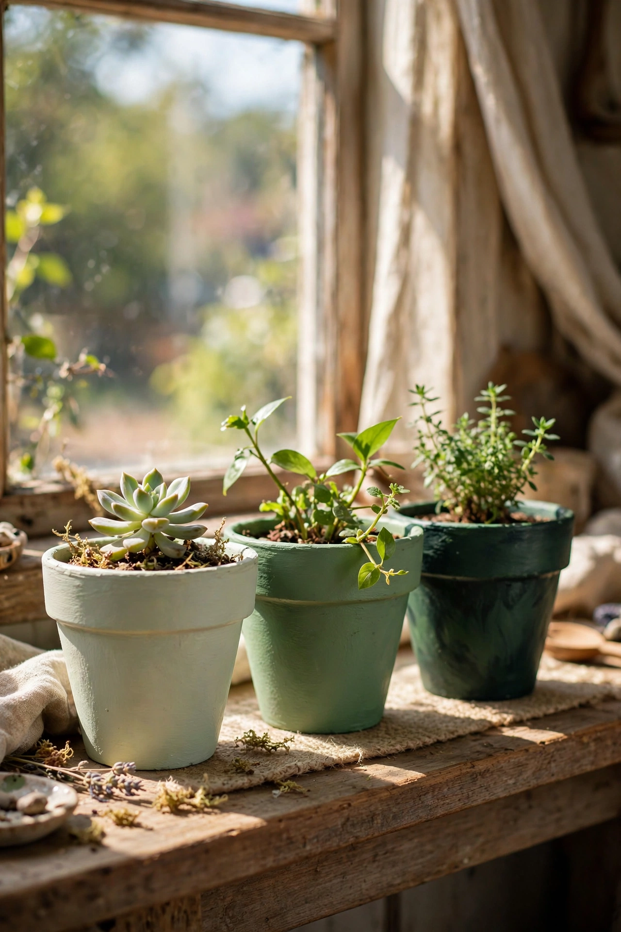 Three terracotta pots painted in graduated green shades on a windowsill in an easy diy home decor project