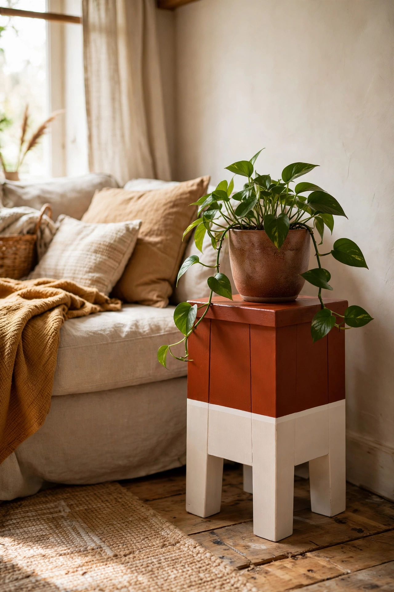 Wooden stool painted in two bold colour blocks used as a side table in an easy diy home decor project
