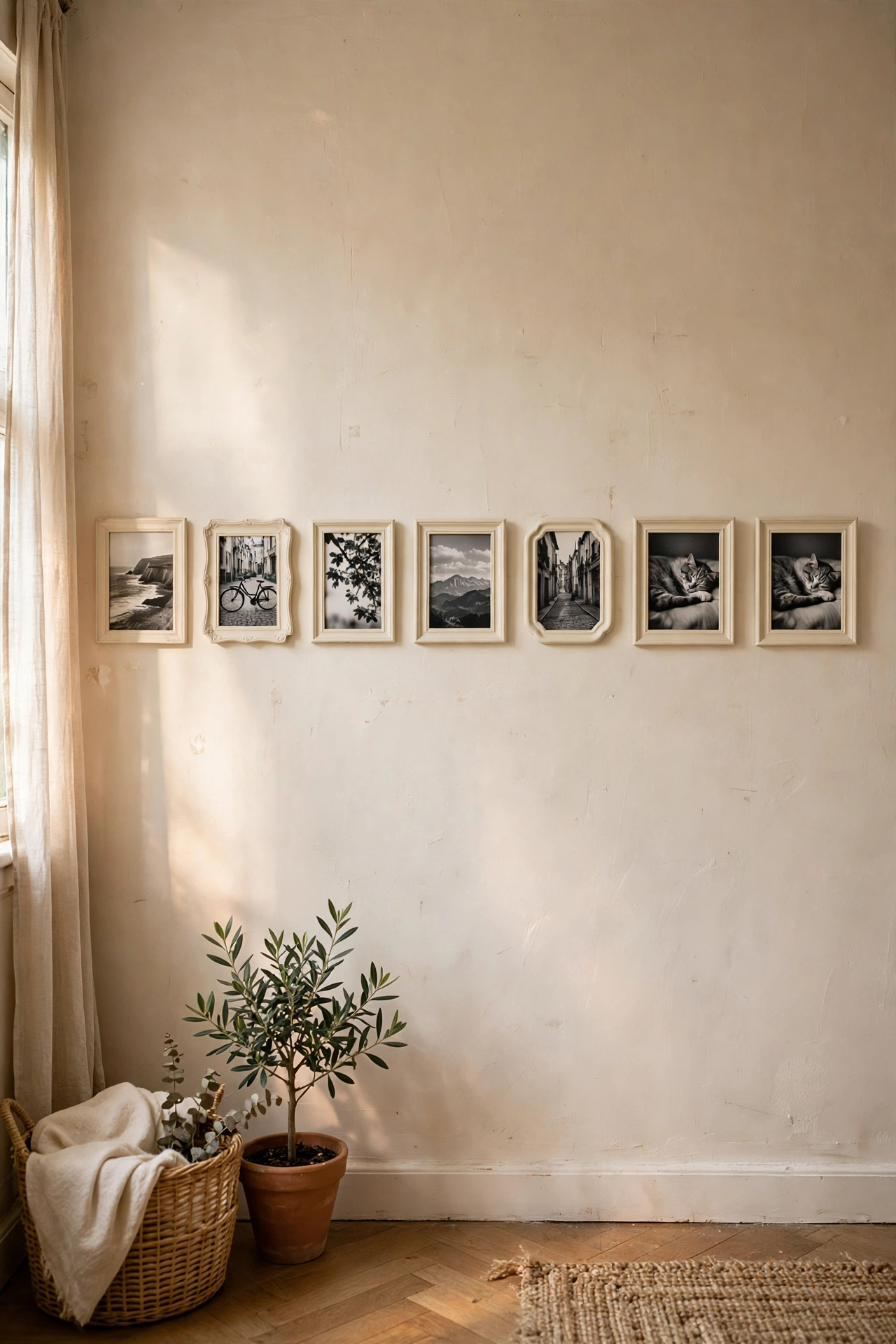 Row of mismatched thrifted frames spray-painted one cream colour above a console table in an easy diy home decor project