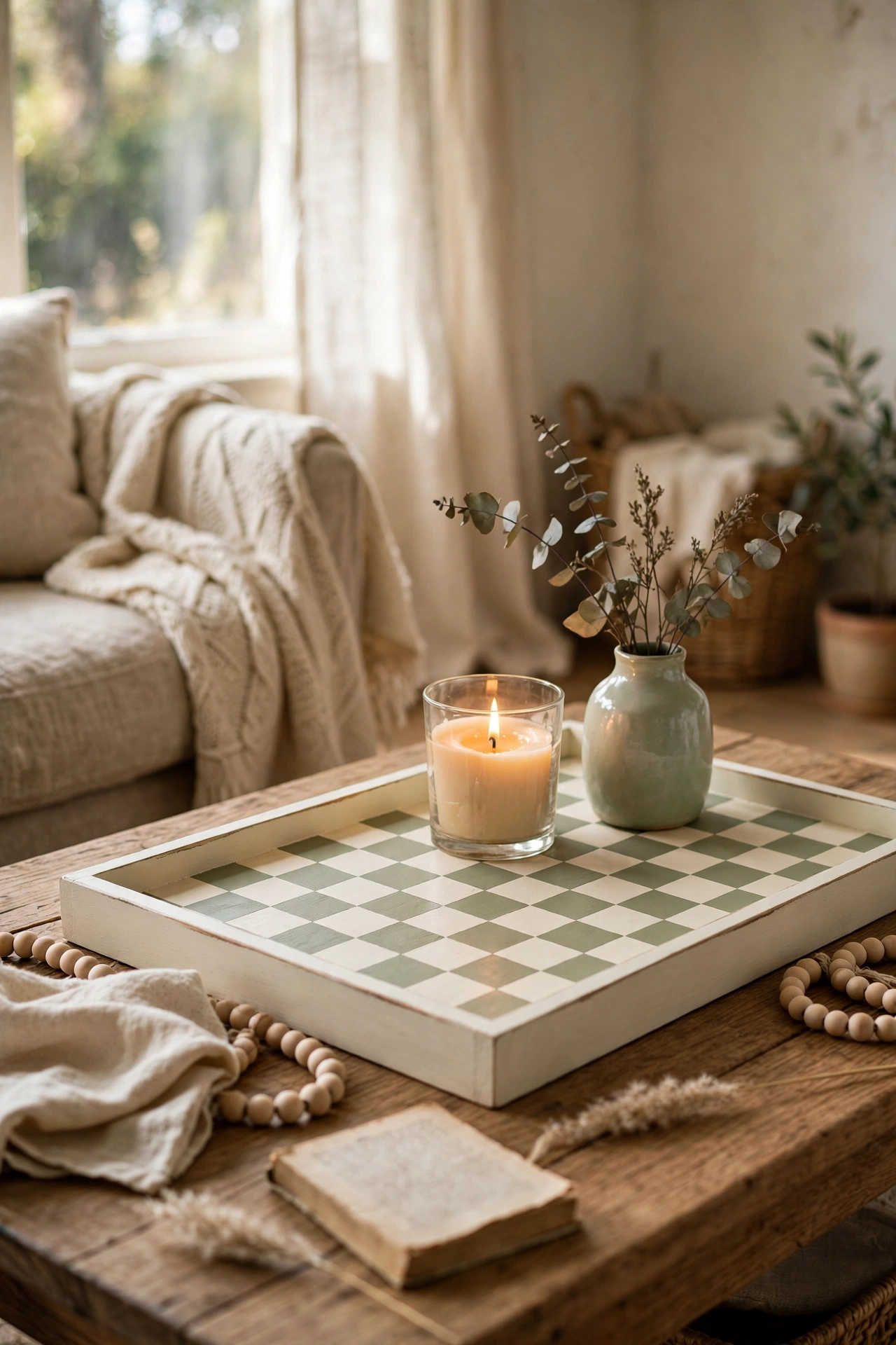 Wooden tray painted in a cream and sage checkerboard pattern on a coffee table in an easy diy home decor project