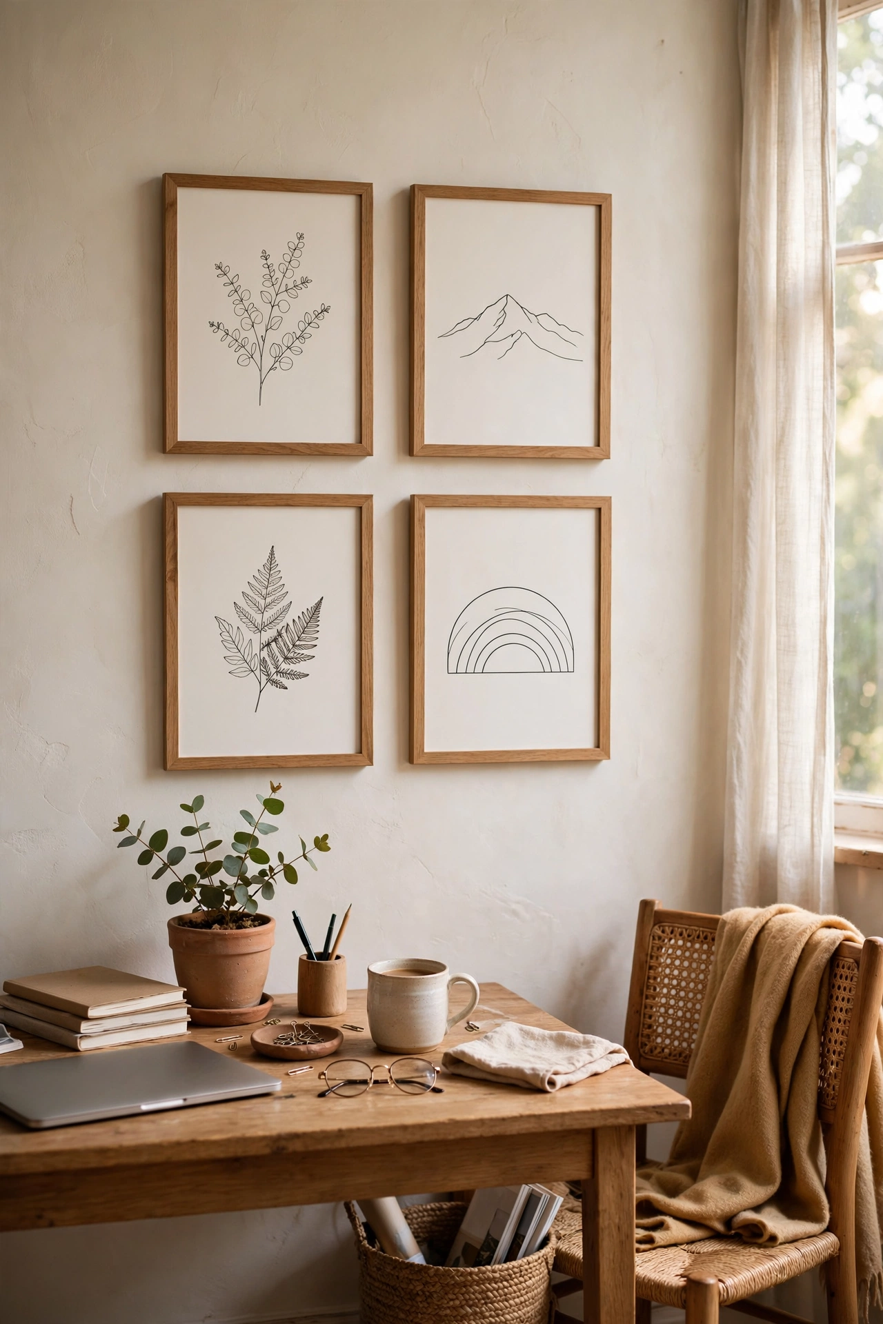 Small gallery wall of framed free art prints arranged above a desk in an easy diy home decor project