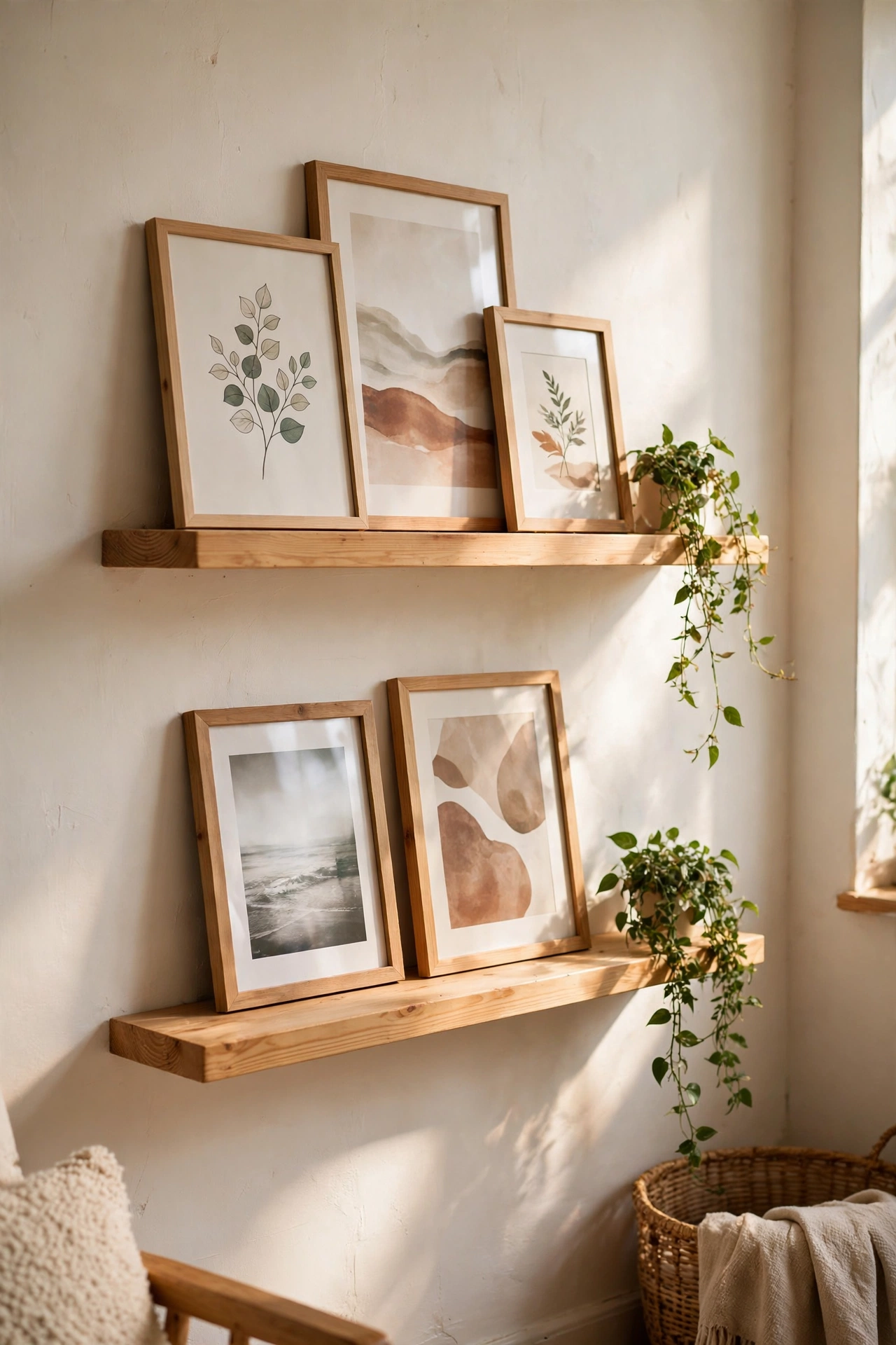 Two floating pine picture ledges with leaning framed art and a small plant in an easy diy home decor project