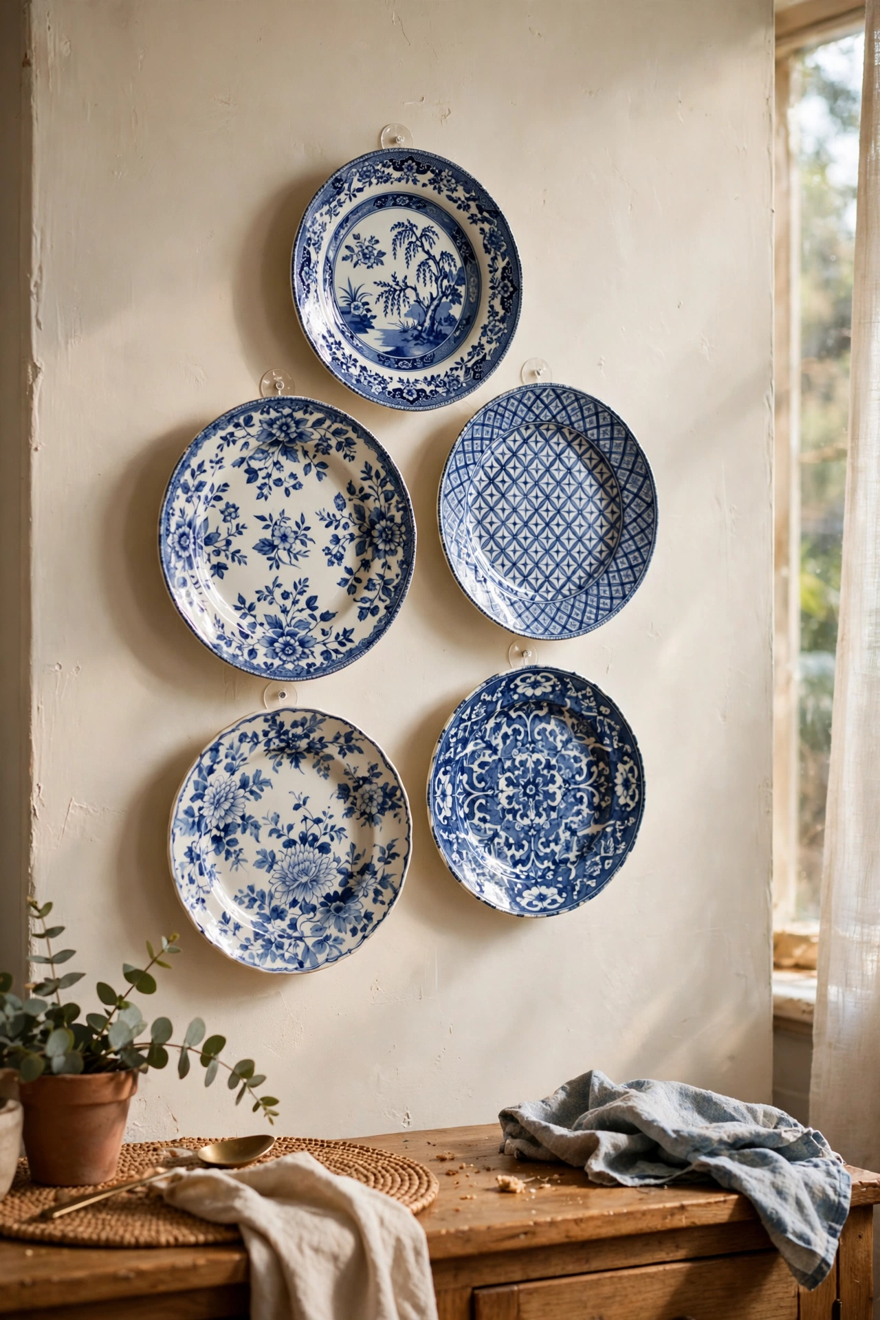 Dining room wall with decorative plates hung in one colour family in an easy diy home decor project