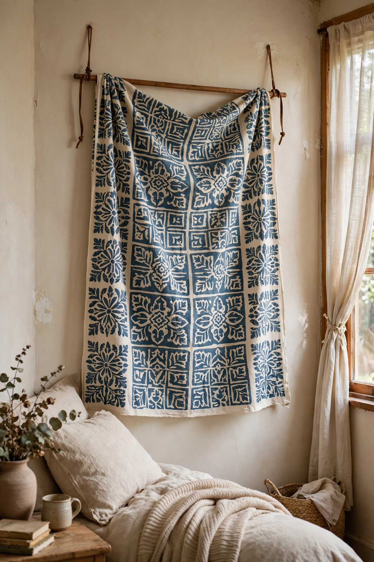 Length of block-print fabric hung from a wooden dowel on a bedroom wall in an easy diy home decor project
