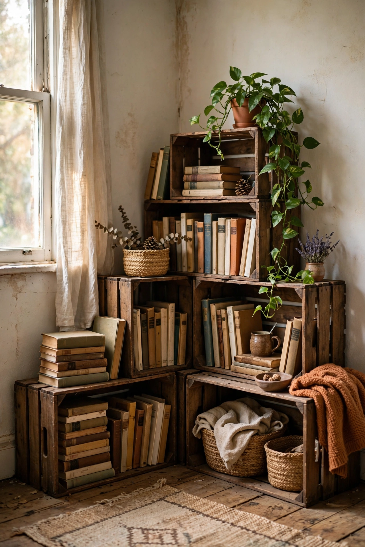 Stacked wooden crates screwed together as a bookshelf filled with books and baskets in an easy diy home decor project