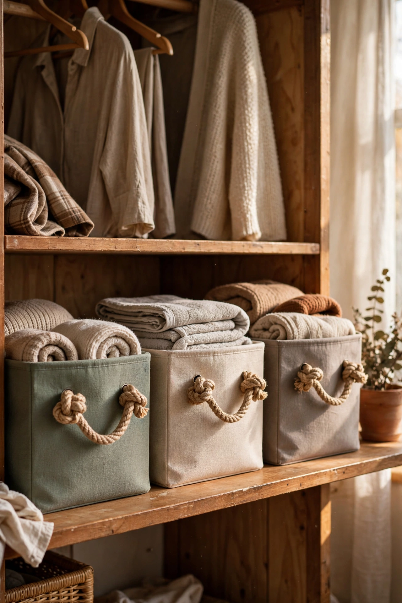 Fabric storage bins with thick rope handles lined on a wardrobe shelf in an easy diy home decor project