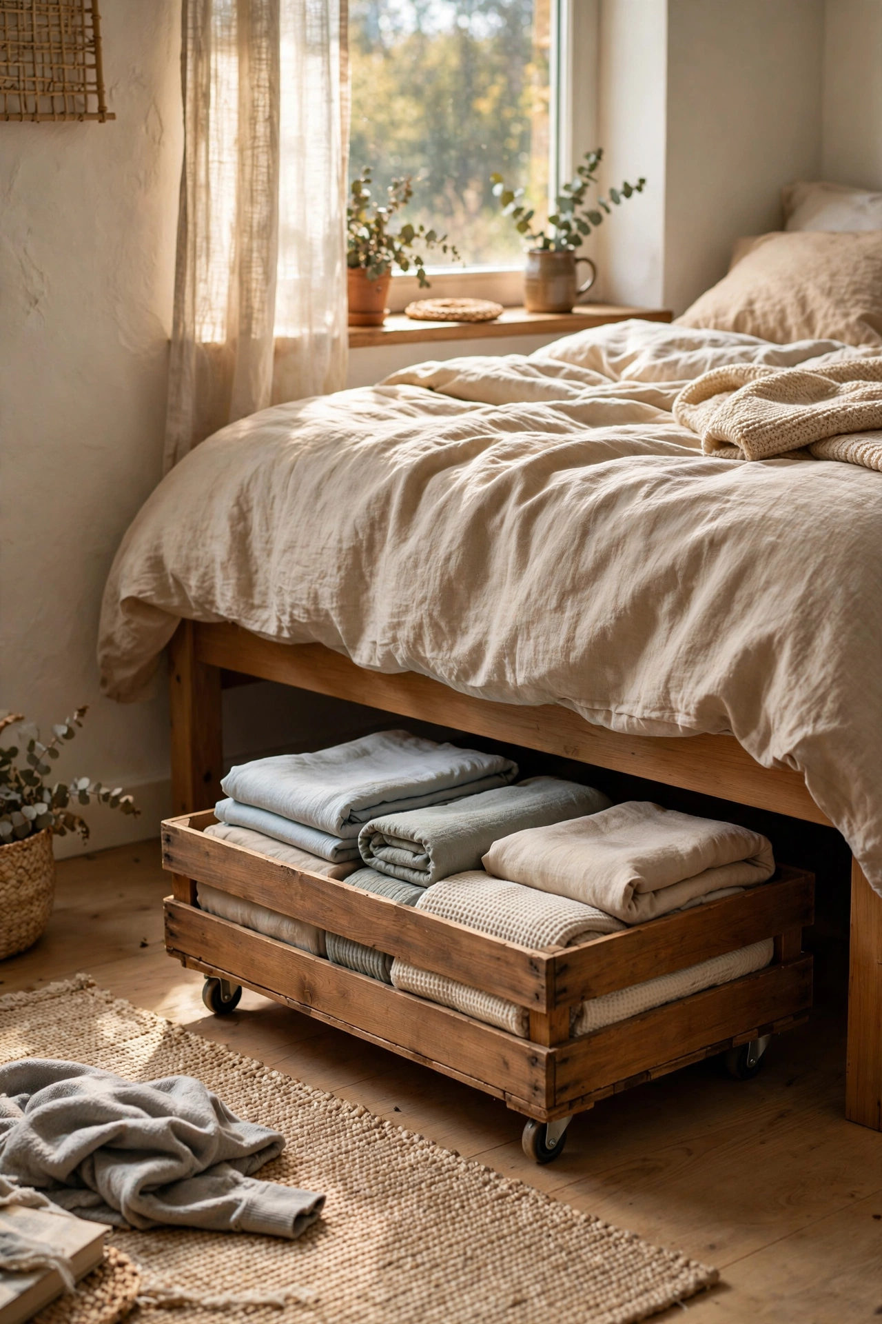 Shallow wooden crates on castor wheels rolled under a bed holding folded bedding in an easy diy home decor project