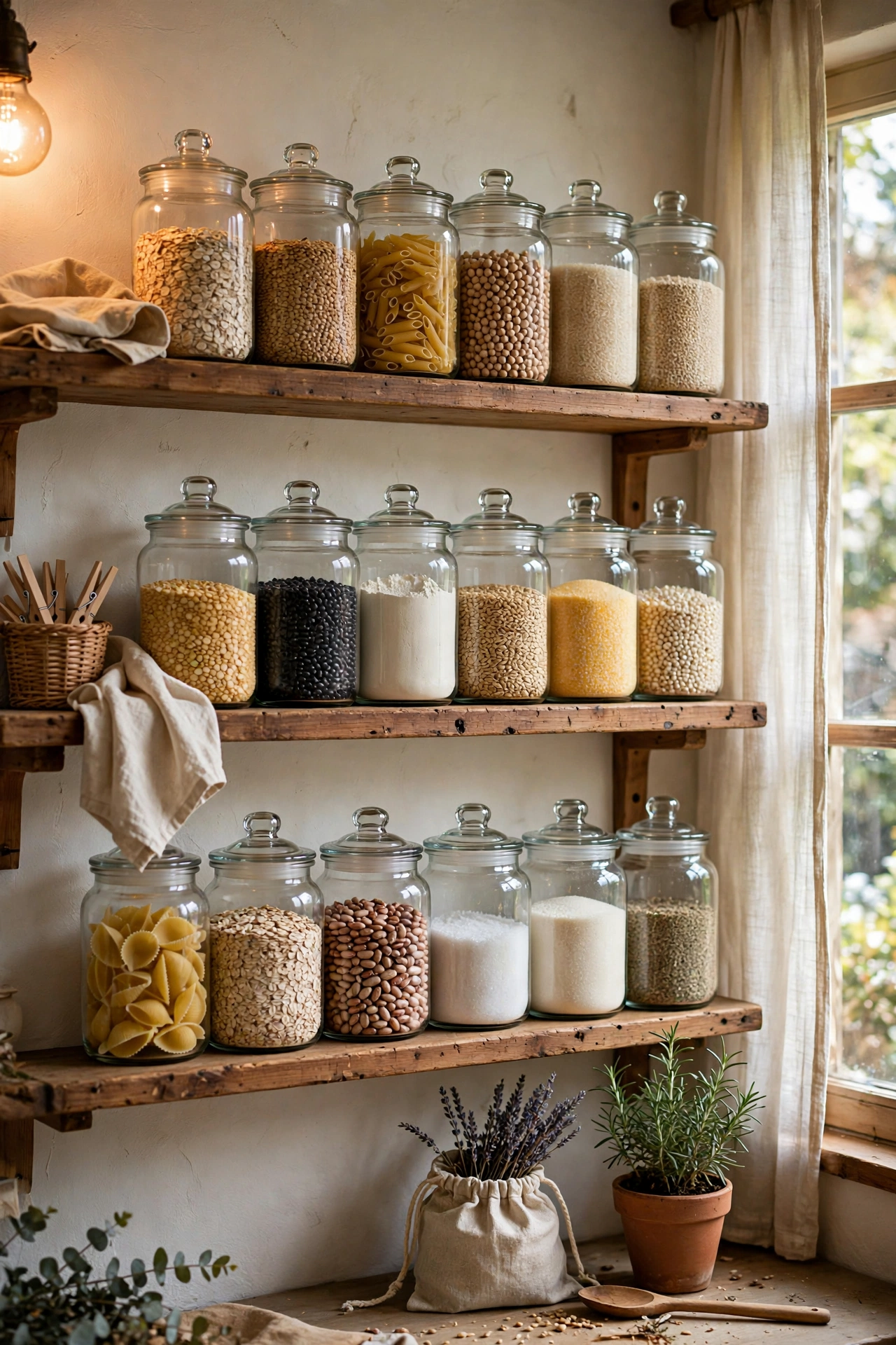 Pantry shelves with uniform glass jars labelled in chalk pen handwriting in an easy diy home decor project