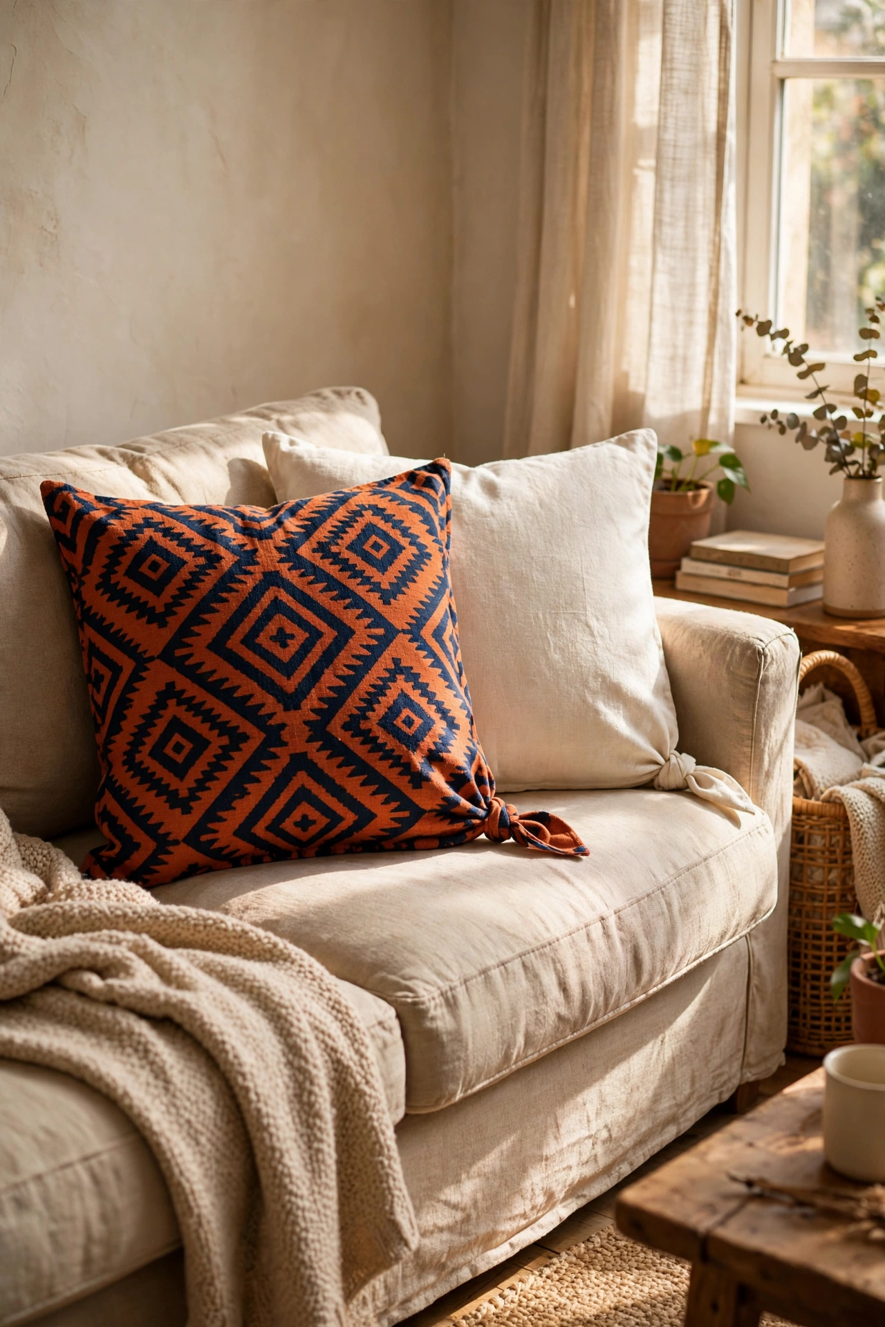Sofa styled with handmade no-sew cushion covers in mixed patterns in an easy diy home decor project