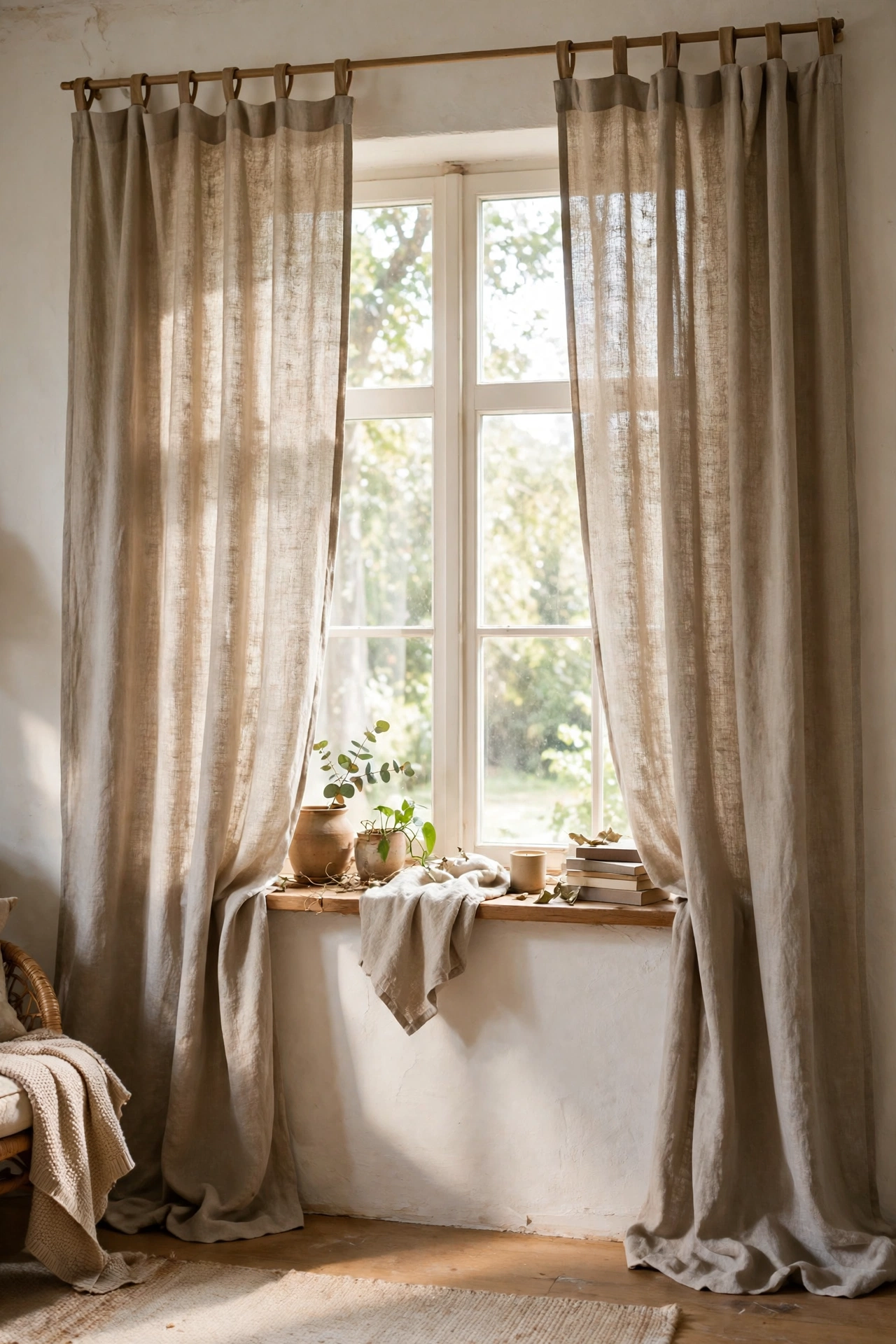 Window with custom curtain panels hemmed from medium-weight fabric hung high and wide in an easy diy home decor project