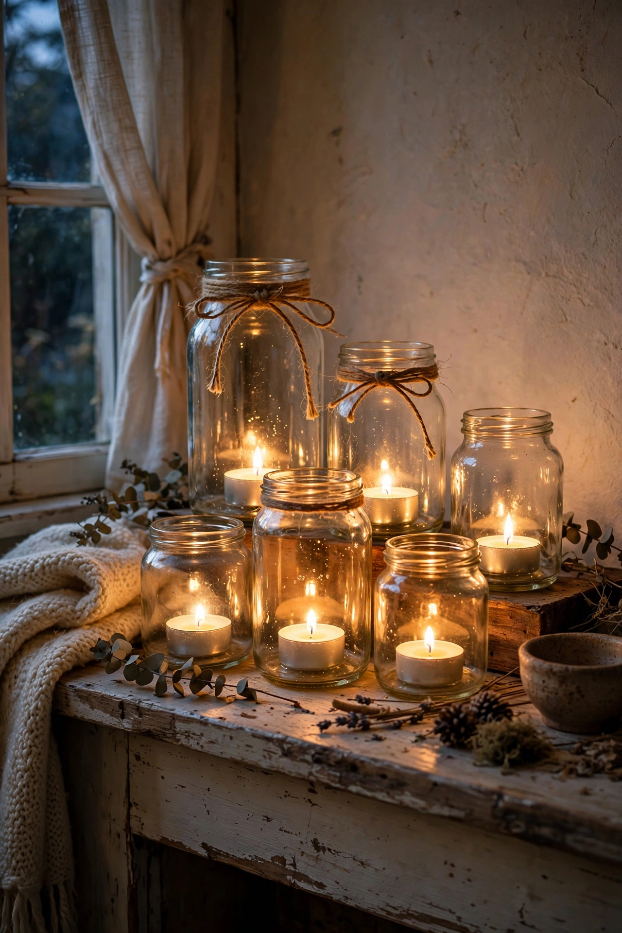 Cluster of glass jars with glowing tea lights grouped on a mantel in an easy diy home decor project
