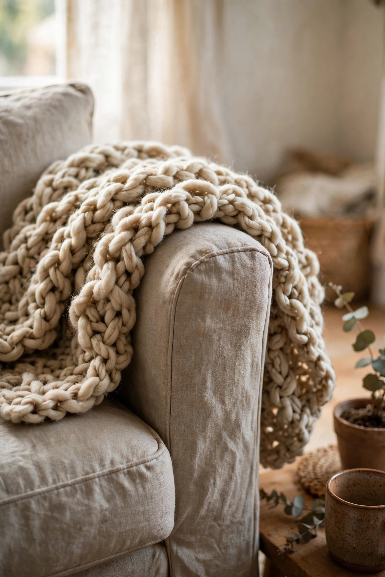 Chunky arm-crocheted throw draped over a sofa arm in a cosy living room in an easy diy home decor project