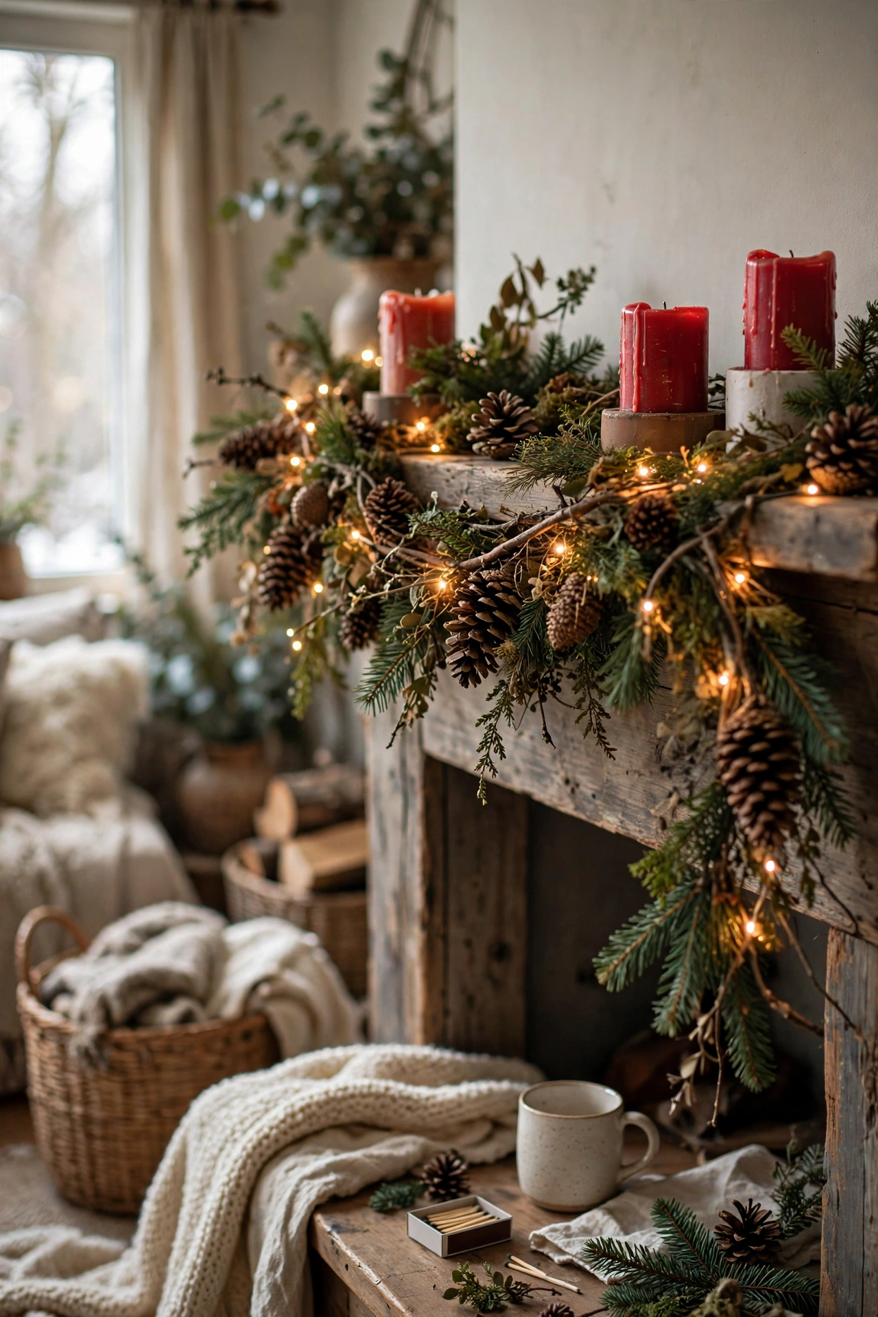 Foraged pinecone garland woven with warm fairy lights draped along a Christmas mantel