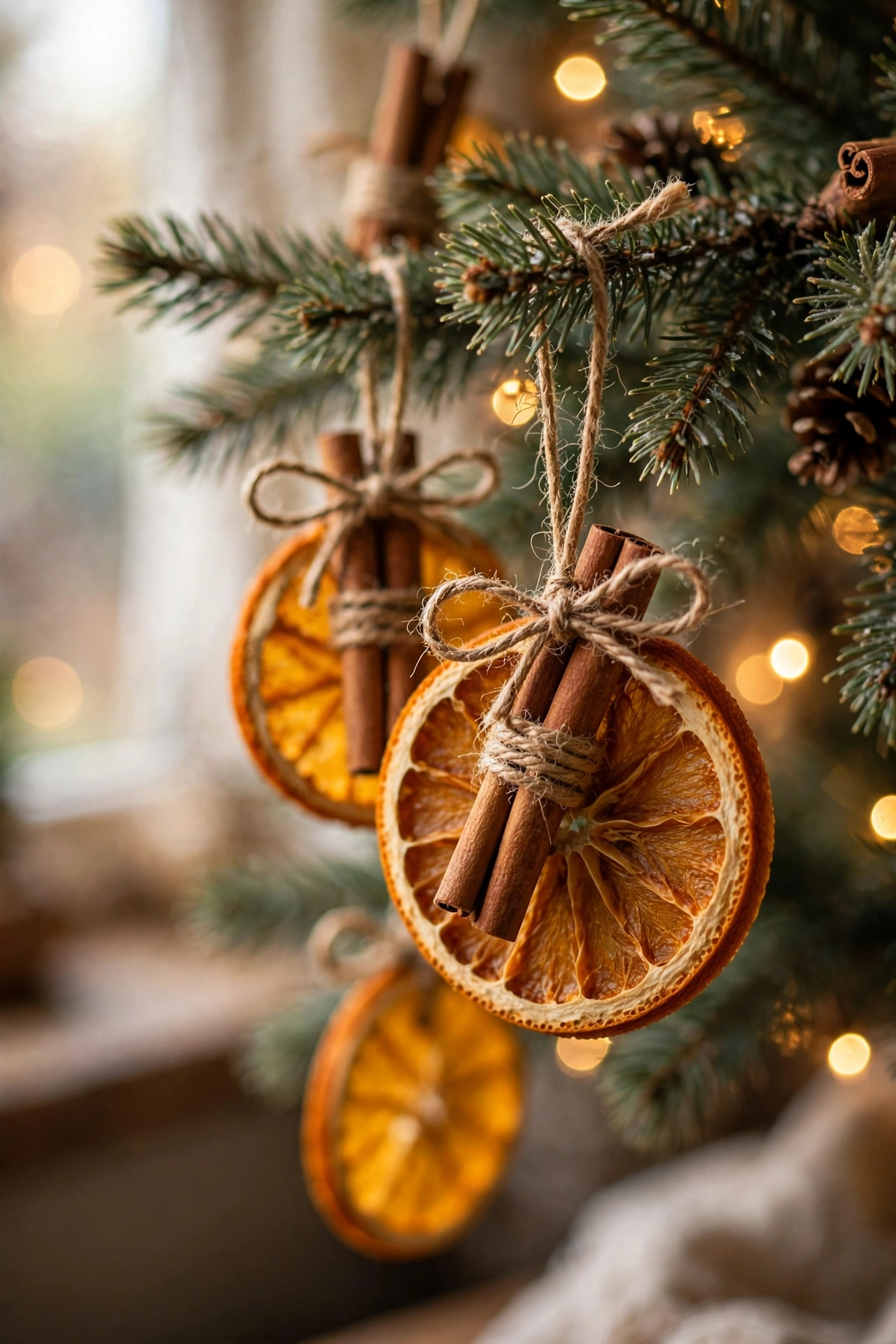 Dried orange slices tied with twine and cinnamon sticks hanging as Christmas ornaments