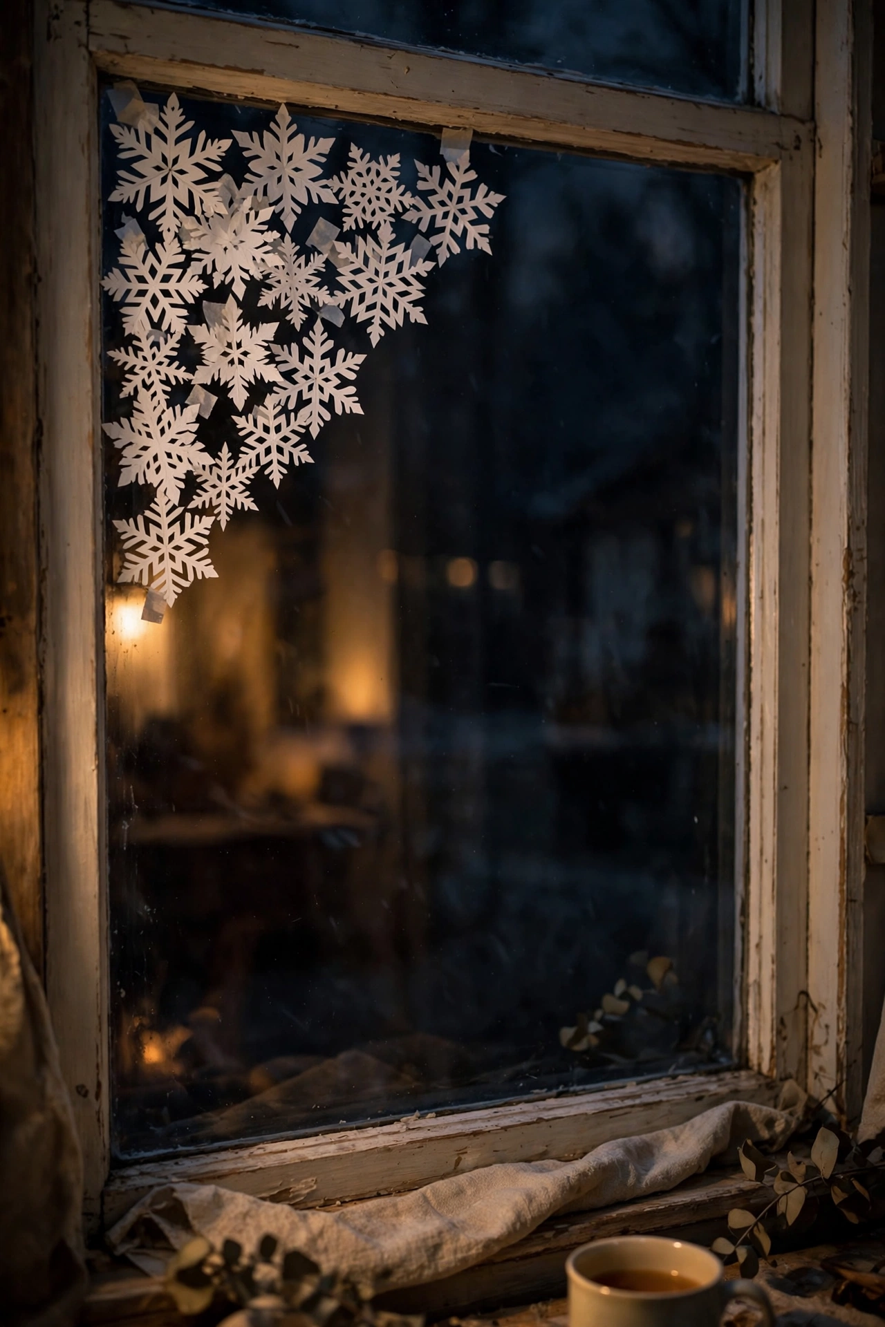 Hand-cut paper snowflakes arranged on a dark Christmas window
