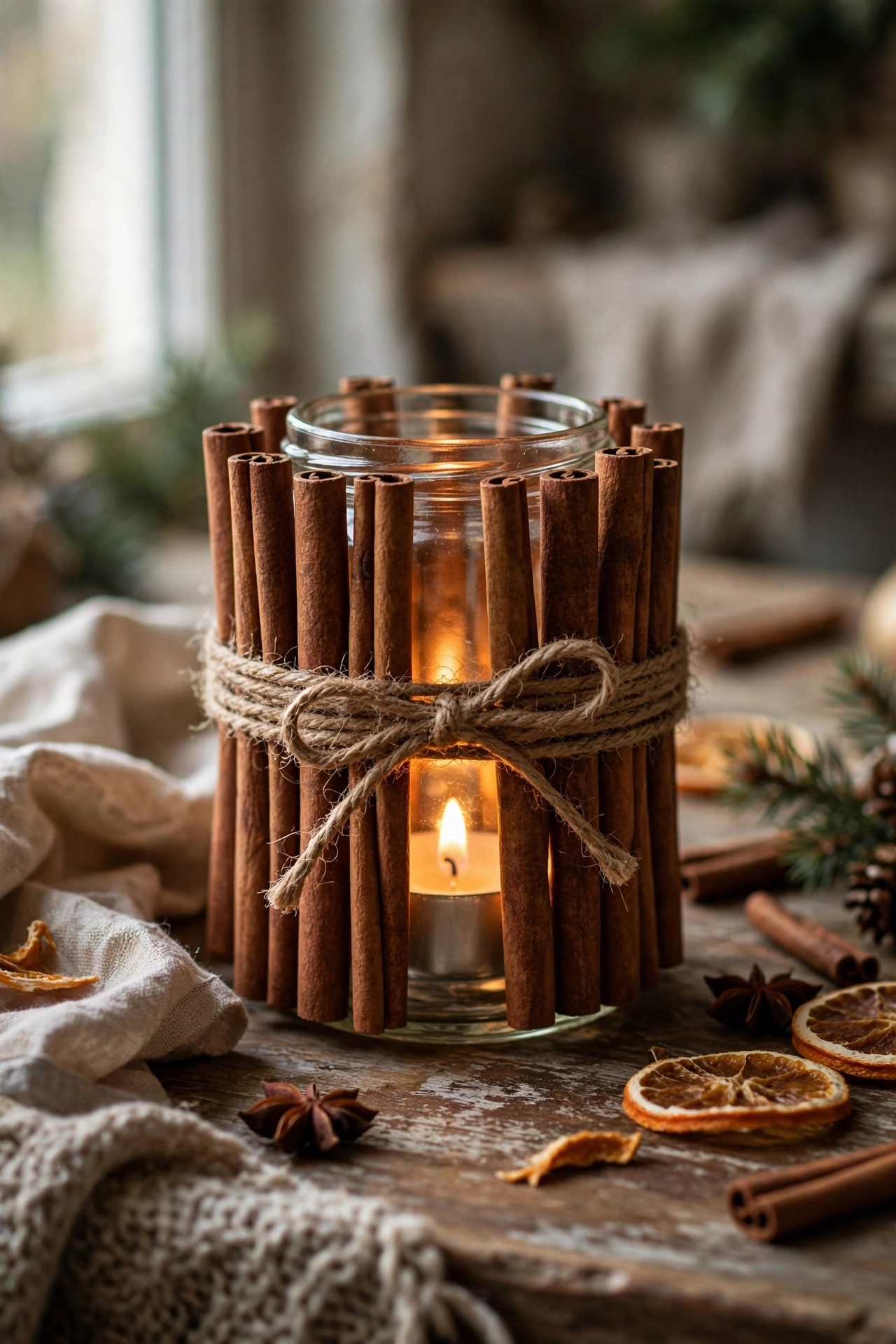 Cinnamon sticks tied with twine around a glass jar candle holder for Christmas