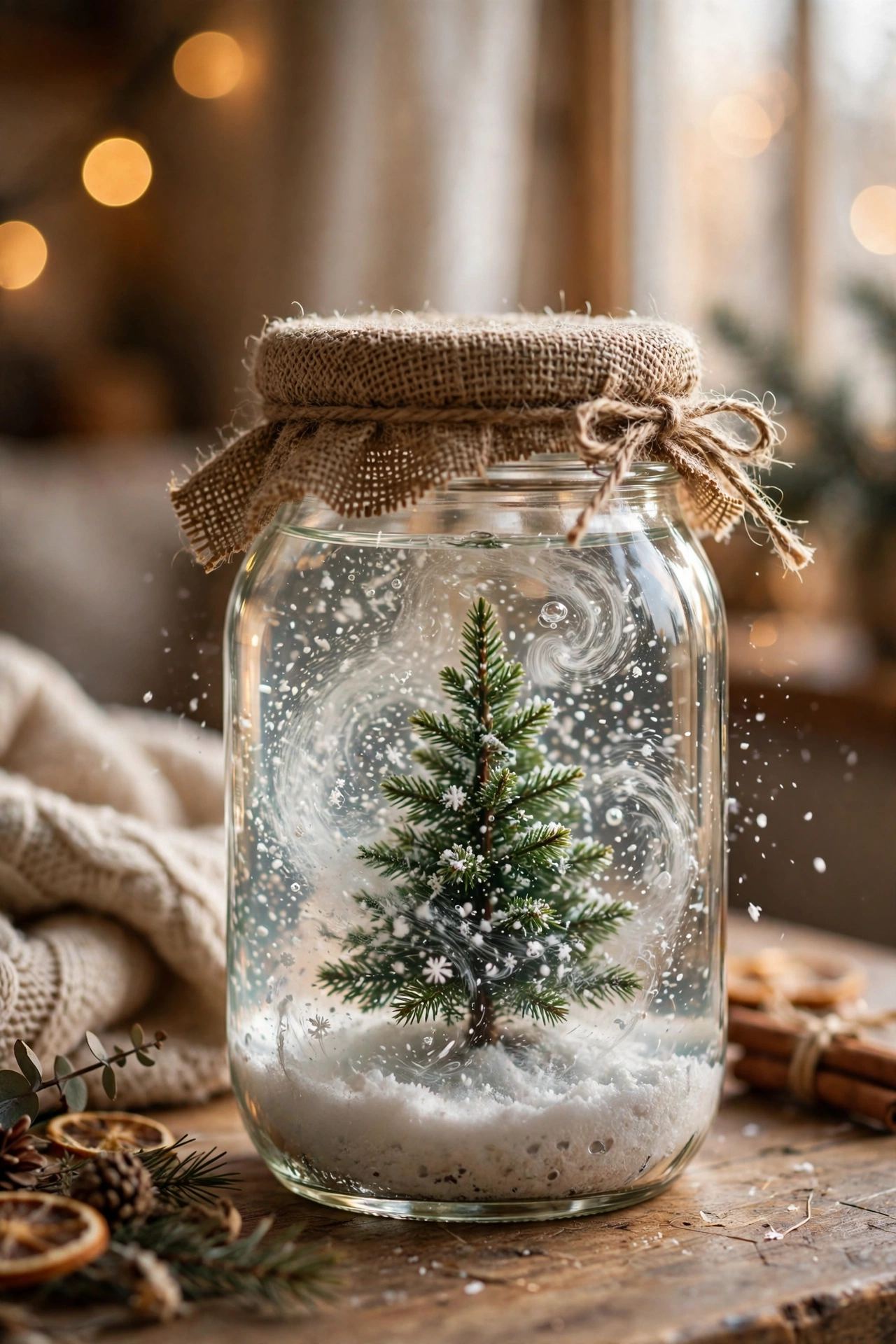 Homemade mason jar snow globe with a tiny tree inside for Christmas