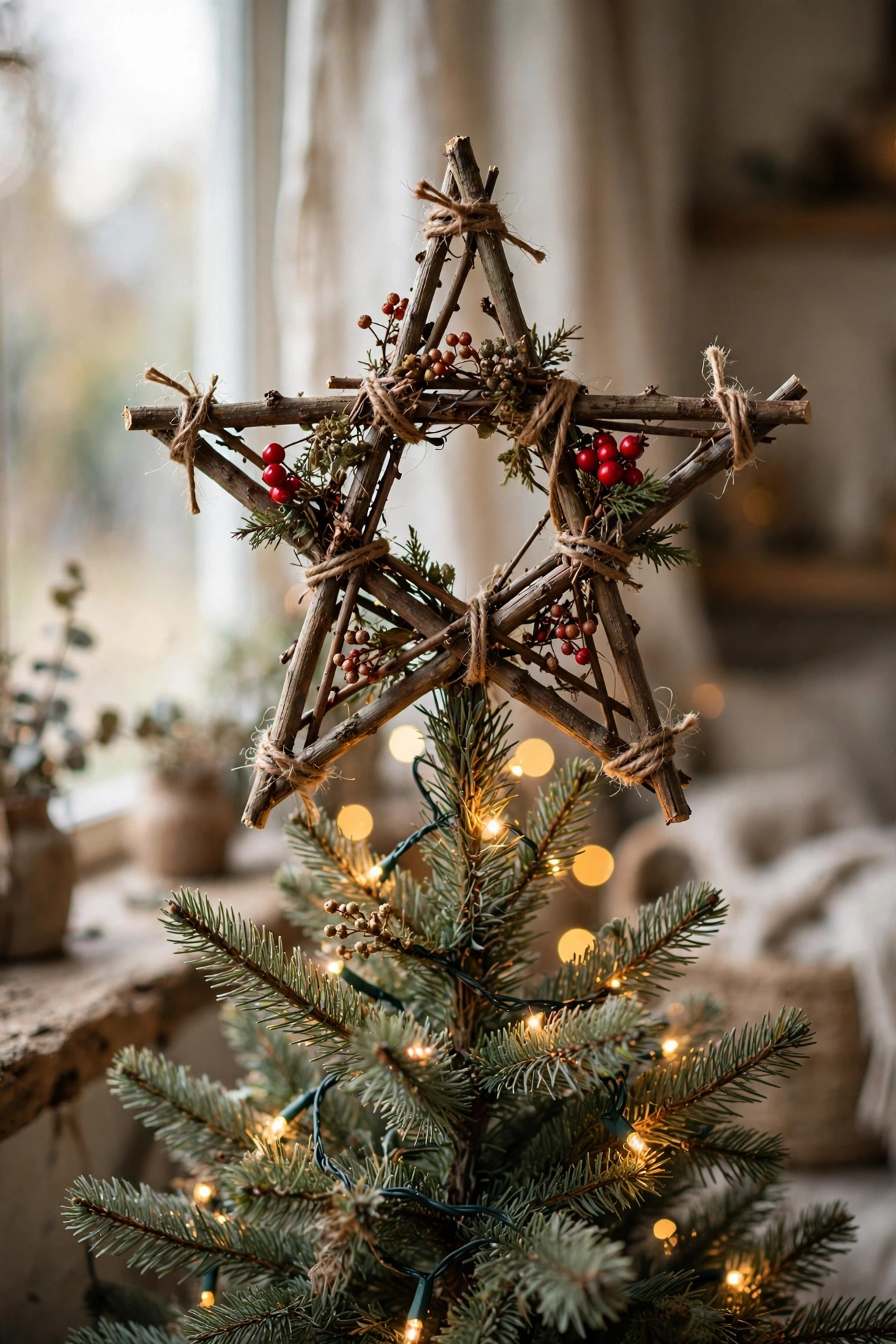 Rustic twig star tied with twine sitting on top of a Christmas tree