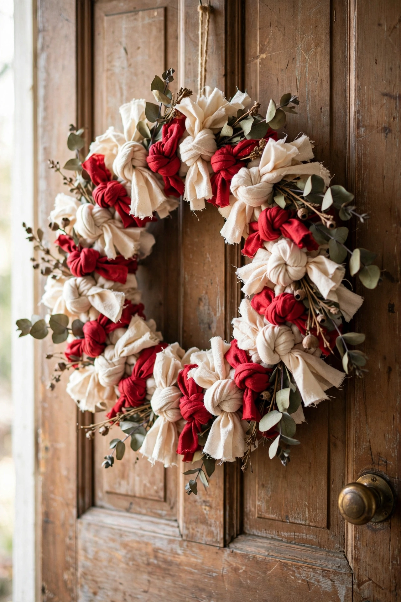 Fluffy fabric scrap wreath made from an old shirt hanging on a door