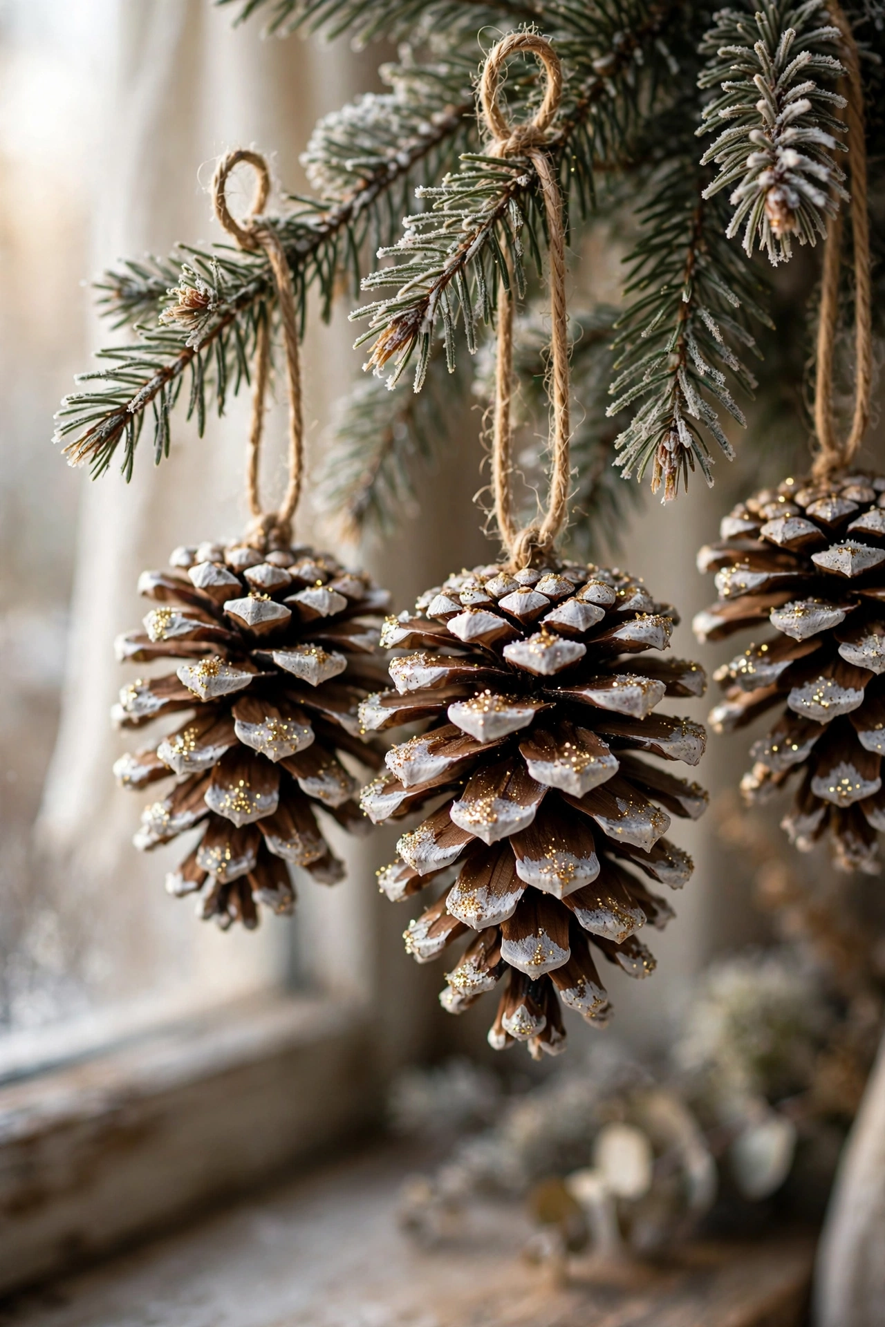 Pinecones with hand-painted white frosted tips and gold glitter as Christmas ornaments