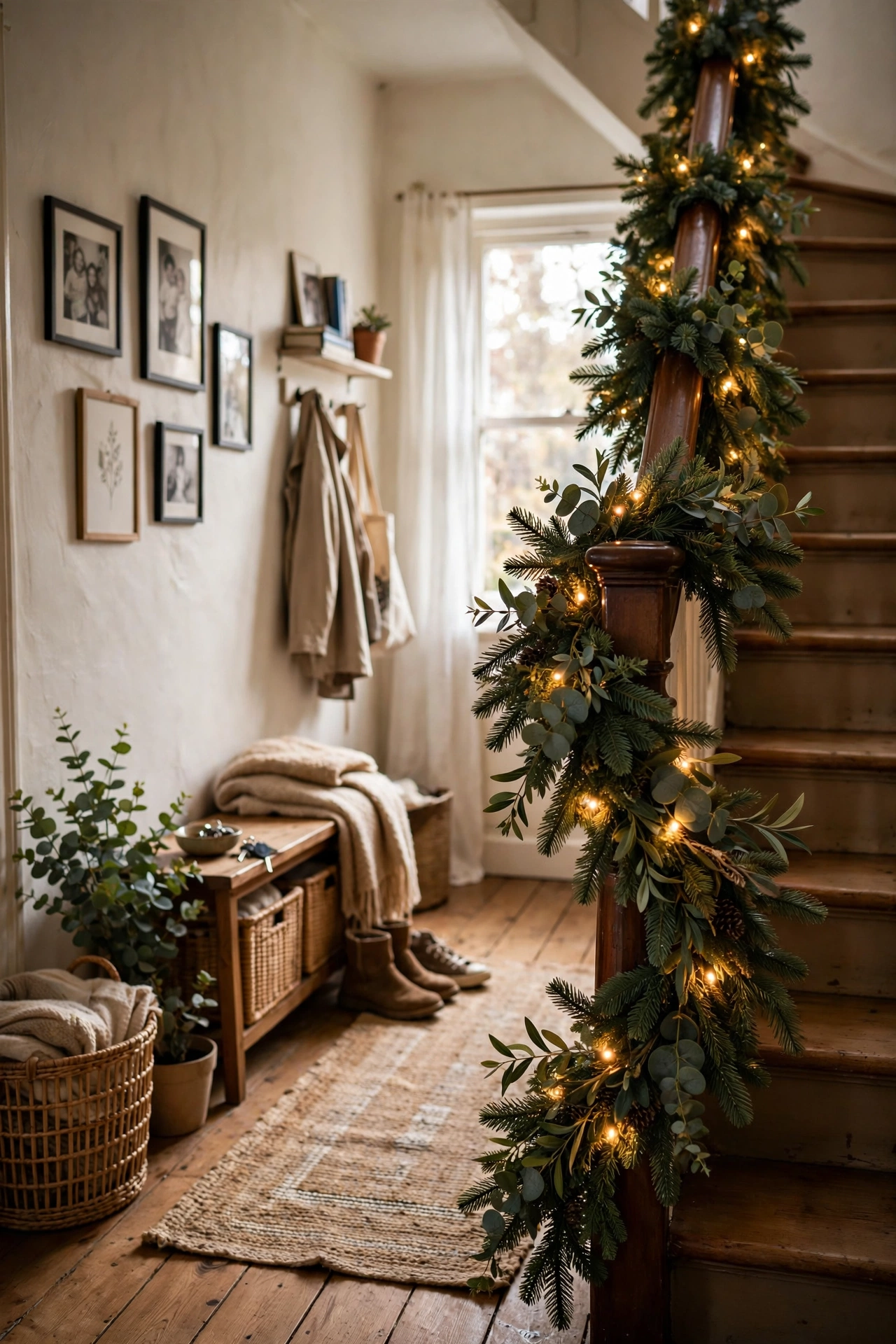 Staircase banister wrapped in fresh and faux greenery garland for Christmas