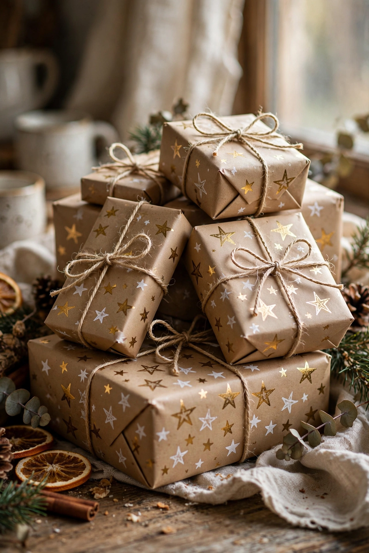 Gifts wrapped in stamped kraft paper with twine bows for Christmas