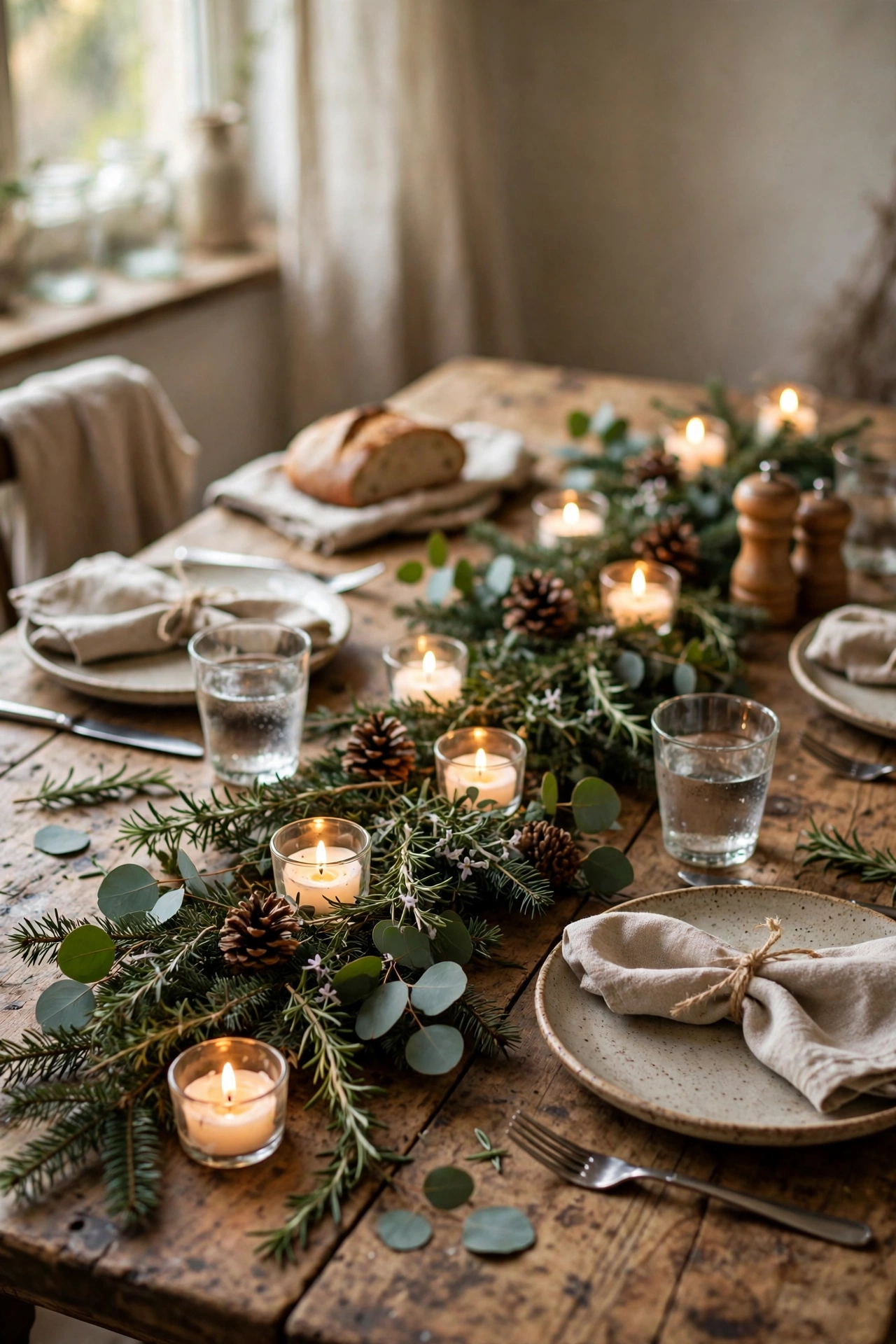 Christmas dinner table with a fresh evergreen runner and glowing tealights