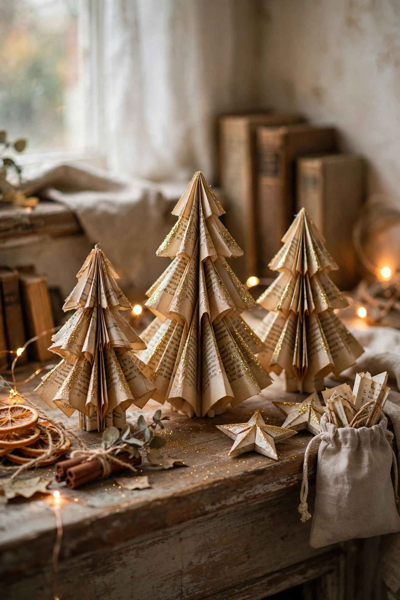 Small Christmas trees folded from the pages of an old book