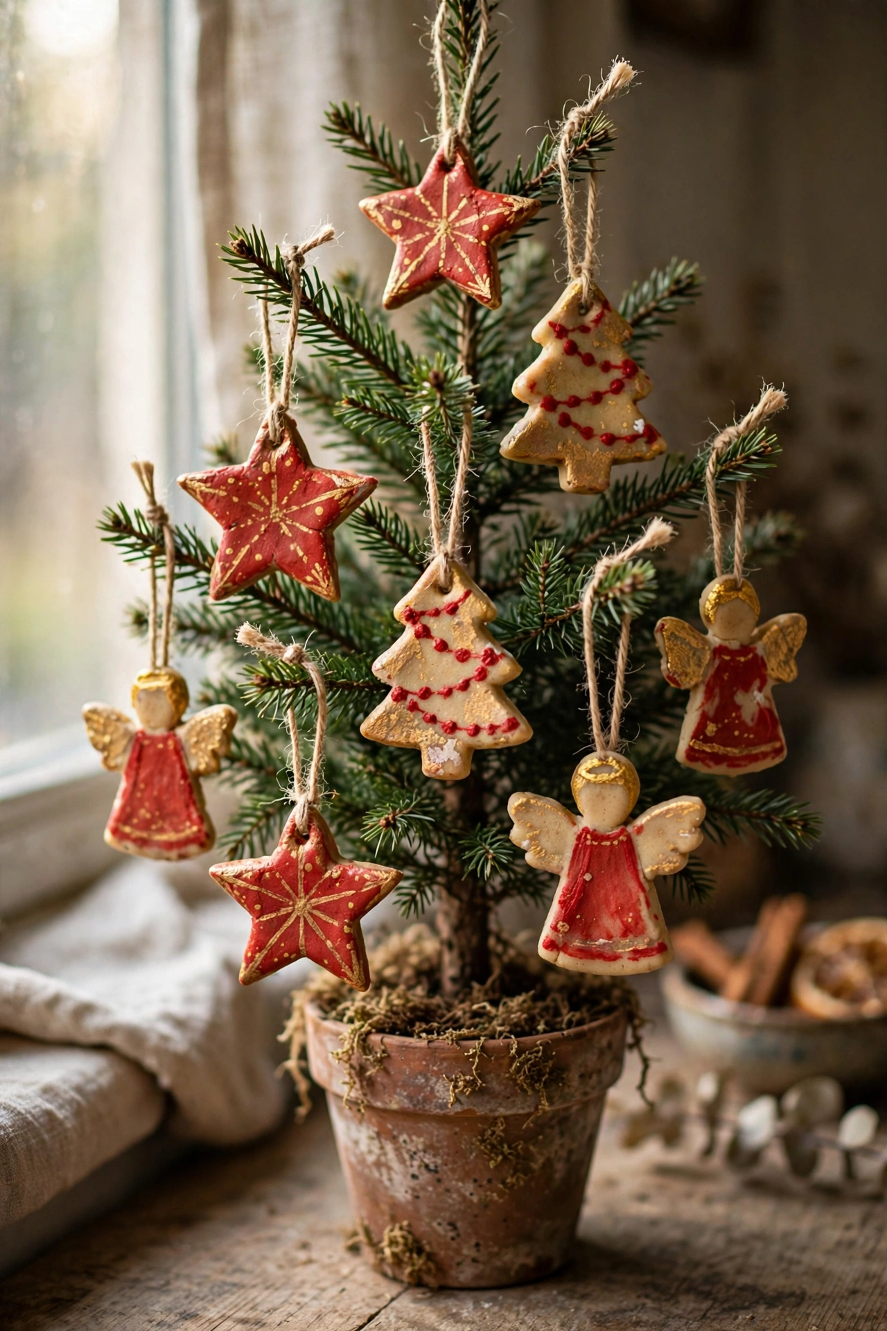 Hand-painted salt dough Christmas ornaments shaped like stars and trees