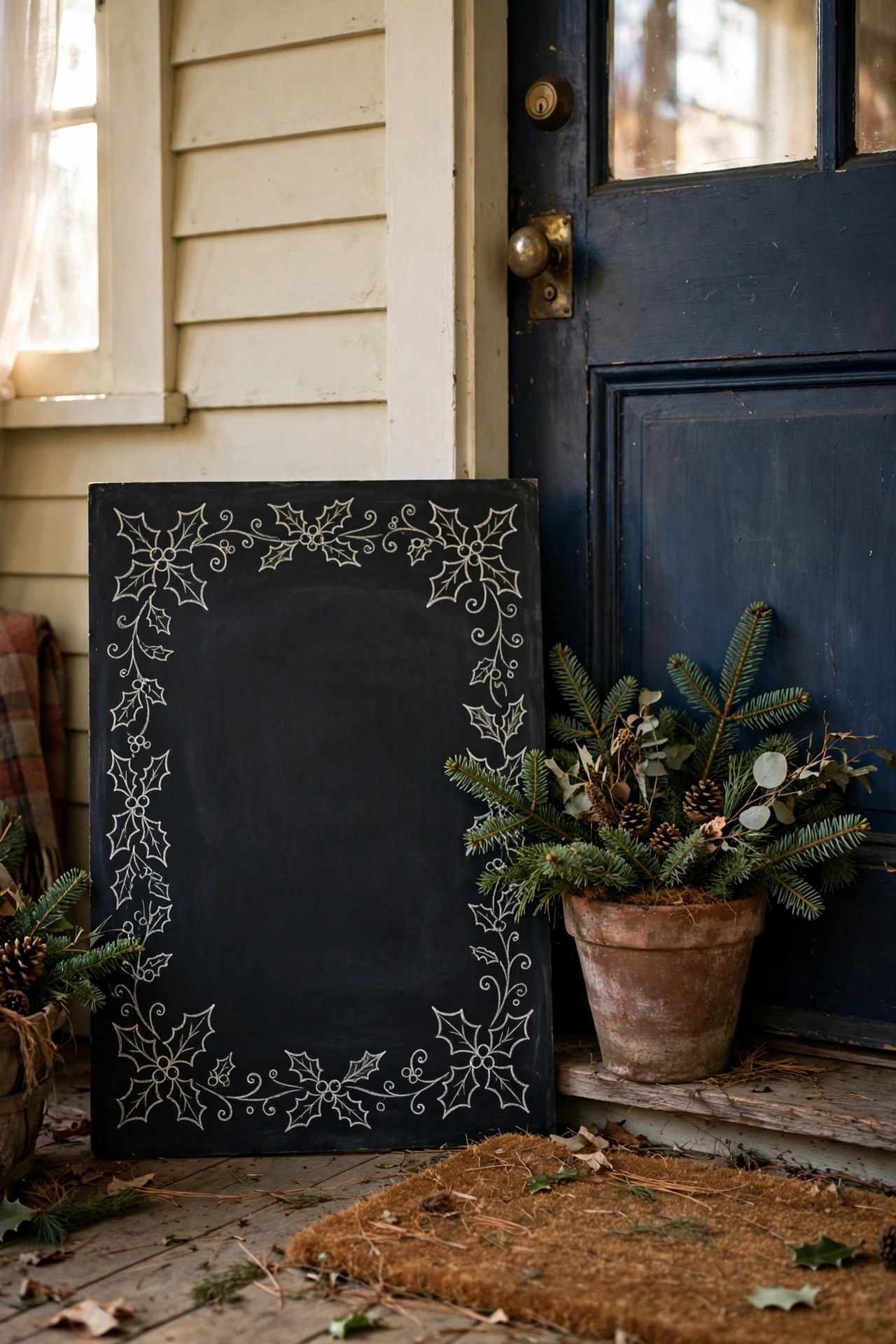 Chalkboard welcome sign with Merry Christmas lettering by a front door