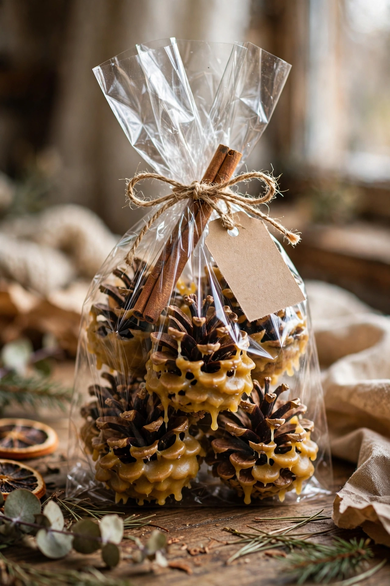 Wax-dipped pinecone fire starters bundled as Christmas gifts