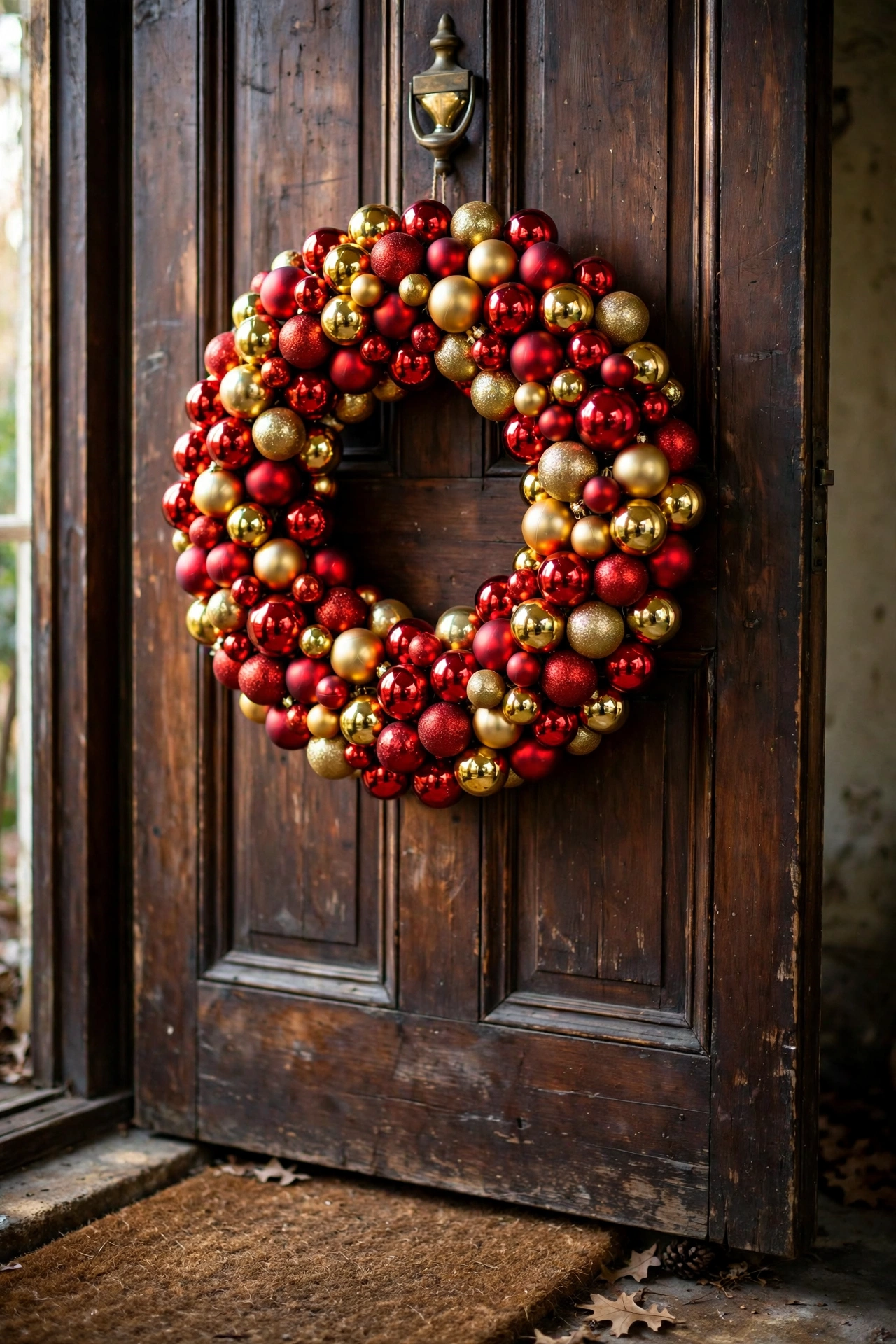 Full wreath made from red and gold pound-shop baubles on a door