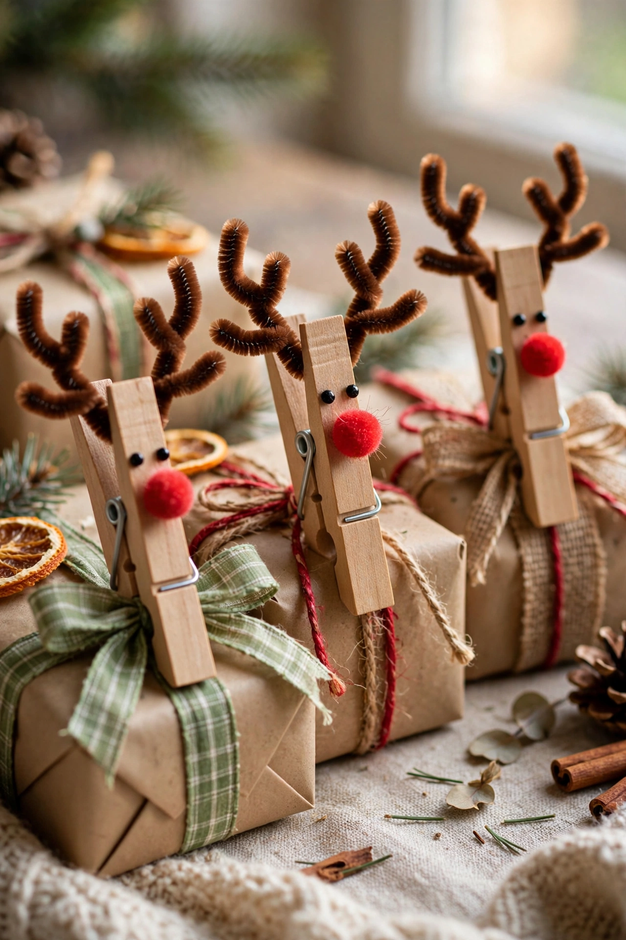 Cute clothespin reindeer toppers clipped onto Christmas gift ribbons