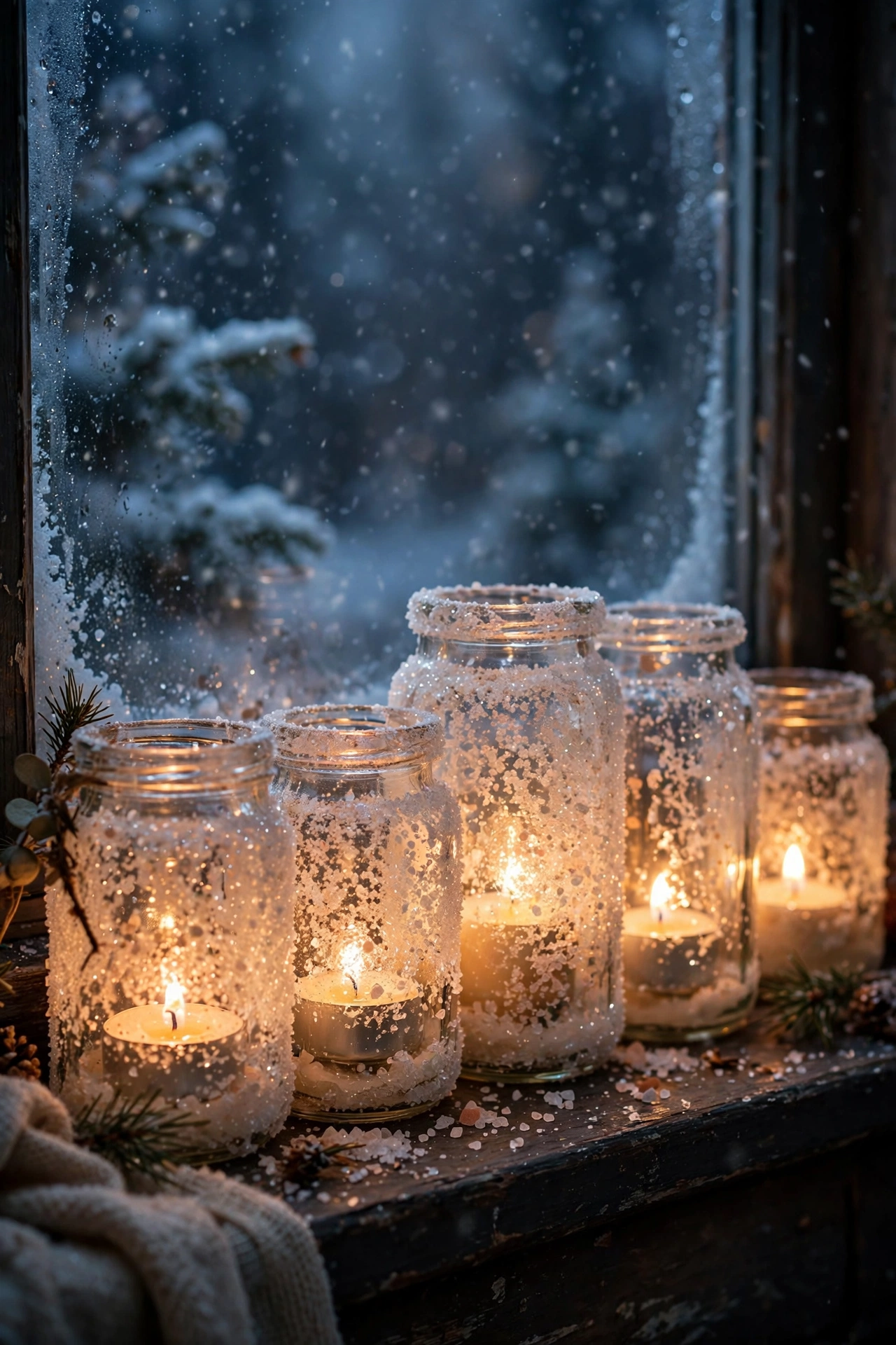 Glowing jars coated in sparkling Epsom salt like snow on a windowsill