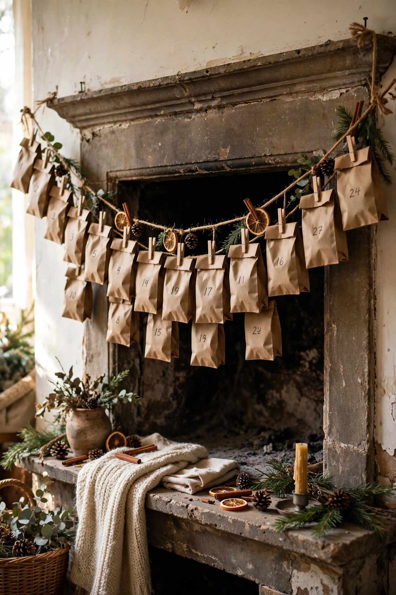 Handmade advent calendar of numbered paper bags pegged on twine