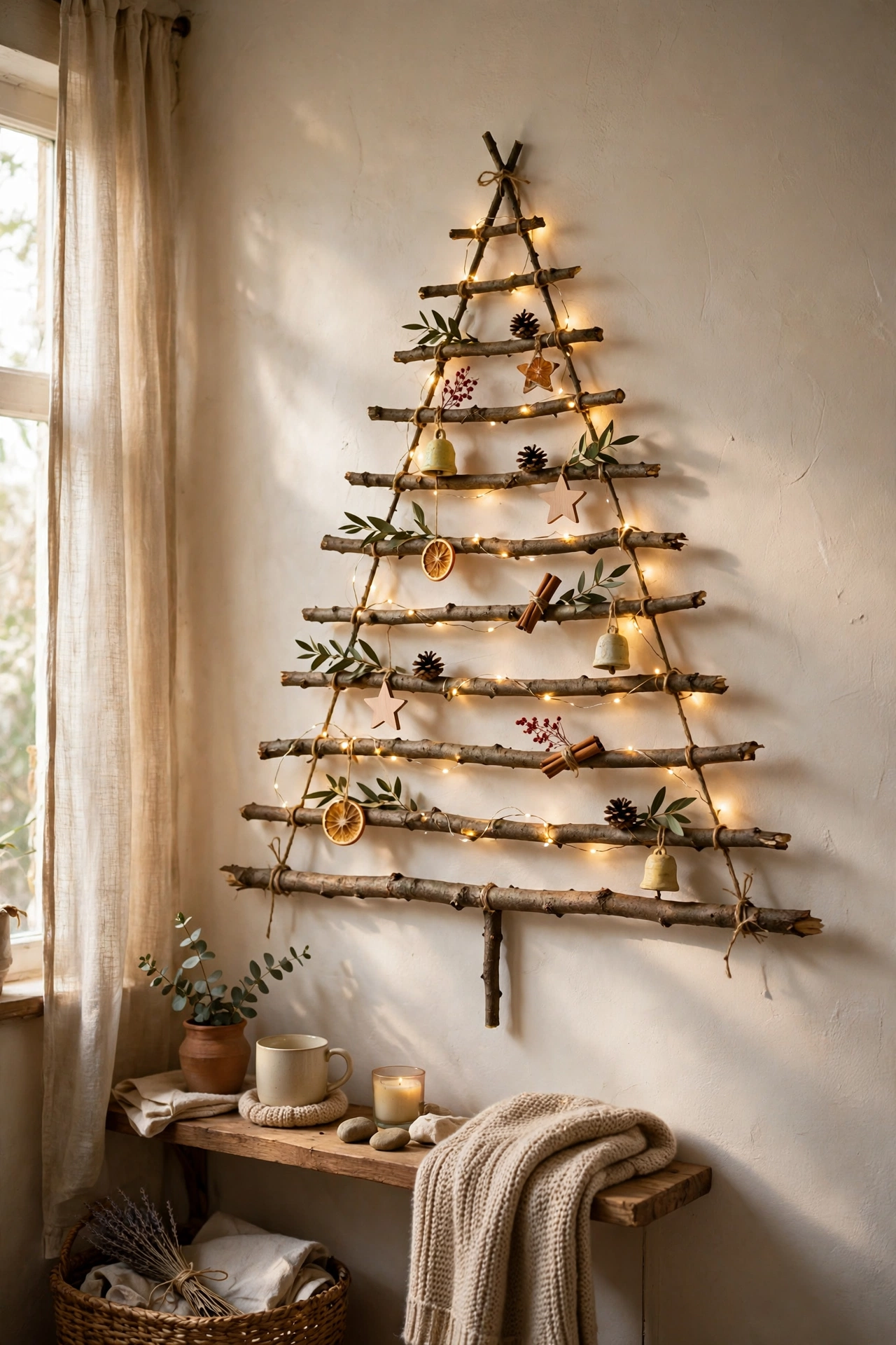 Wall-mounted Christmas tree made from twigs and fairy lights