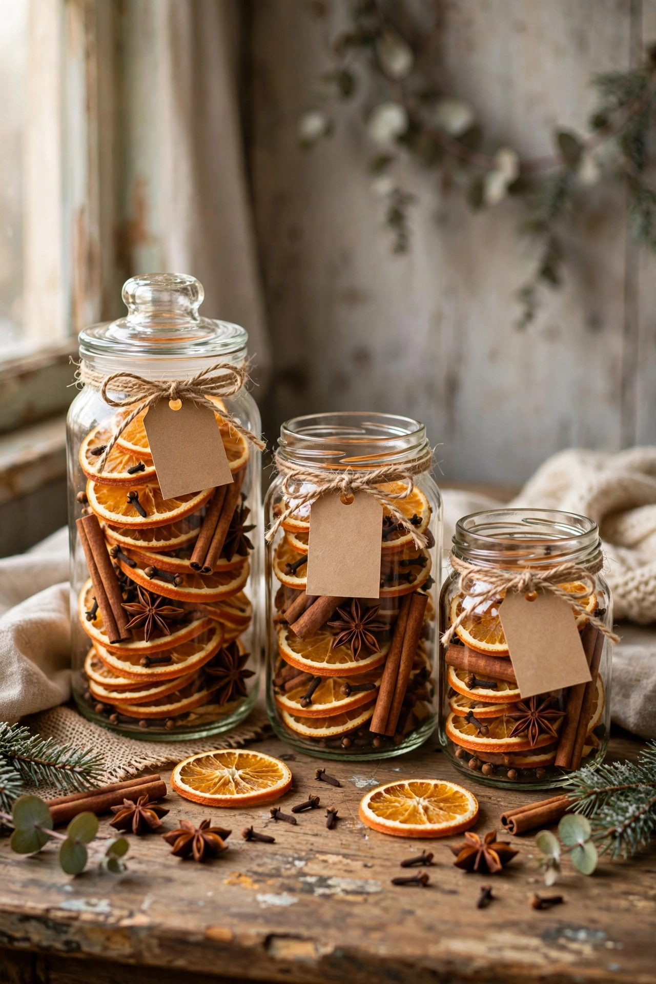 Simmer pot gift jars layered with oranges, cinnamon and cloves for Christmas