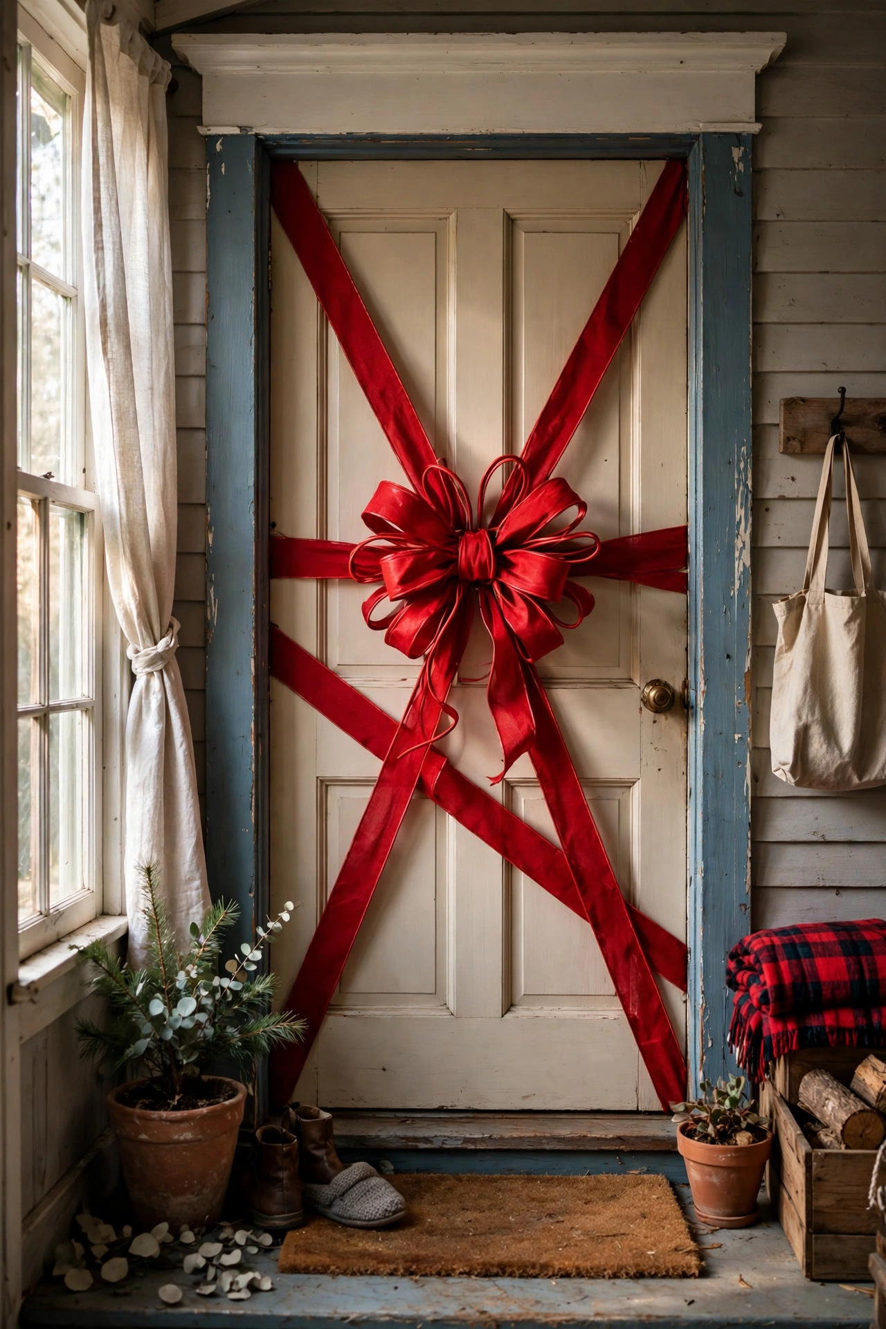 Front door decorated like a wrapped gift with a giant red bow