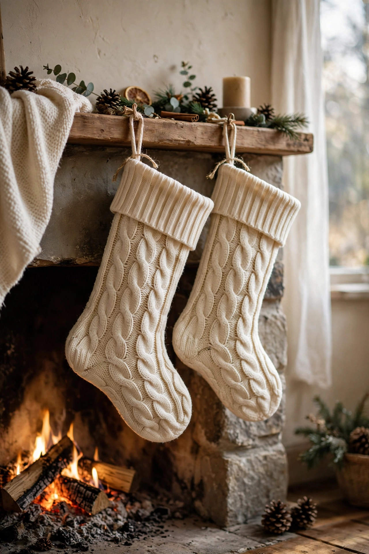 Cosy Christmas stockings sewn from an old cable-knit sweater