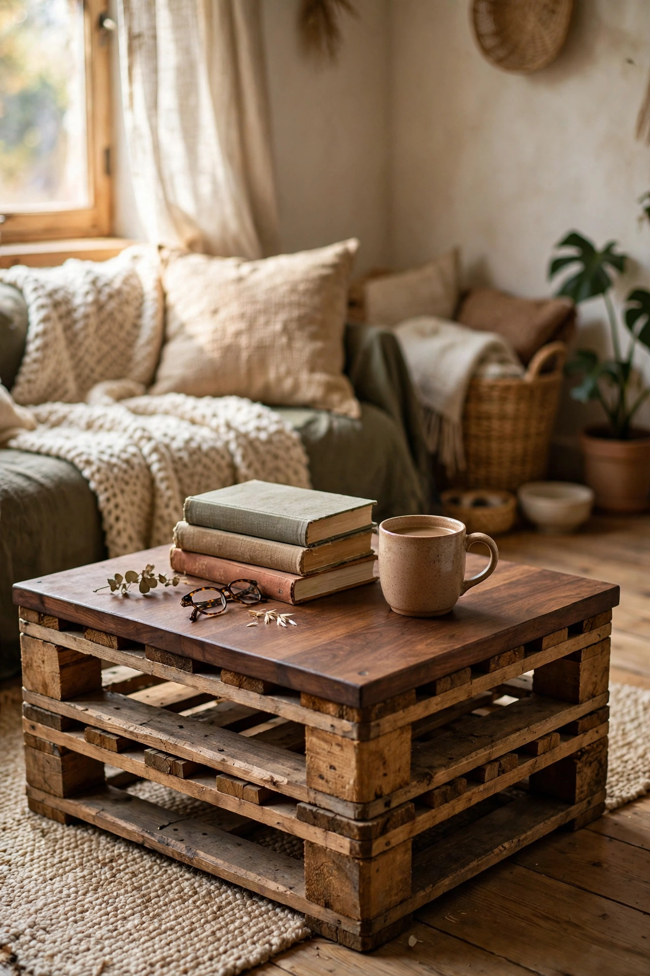 Rustic DIY coffee table made from two stacked wooden pallets with a stained top in a cosy living room