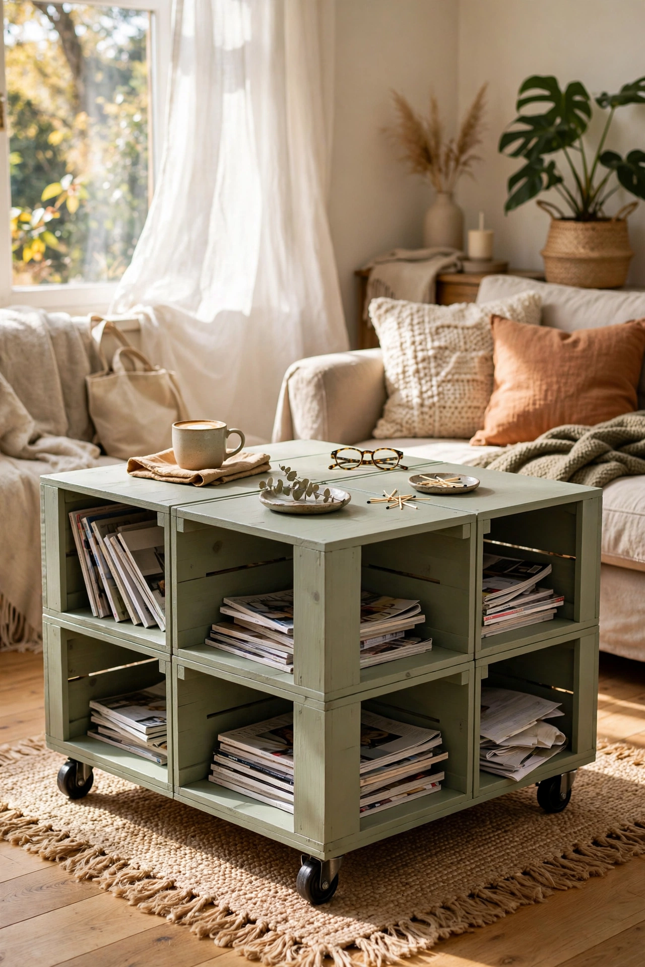DIY coffee table built from a grid of six wine crates on castor wheels with storage cubbies