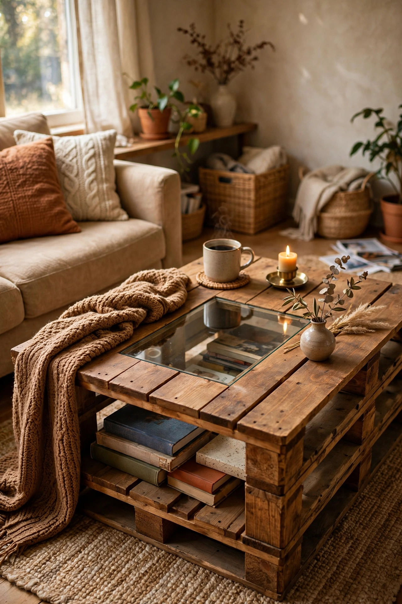 DIY coffee table from a sanded pallet with a glass centre insert revealing books underneath