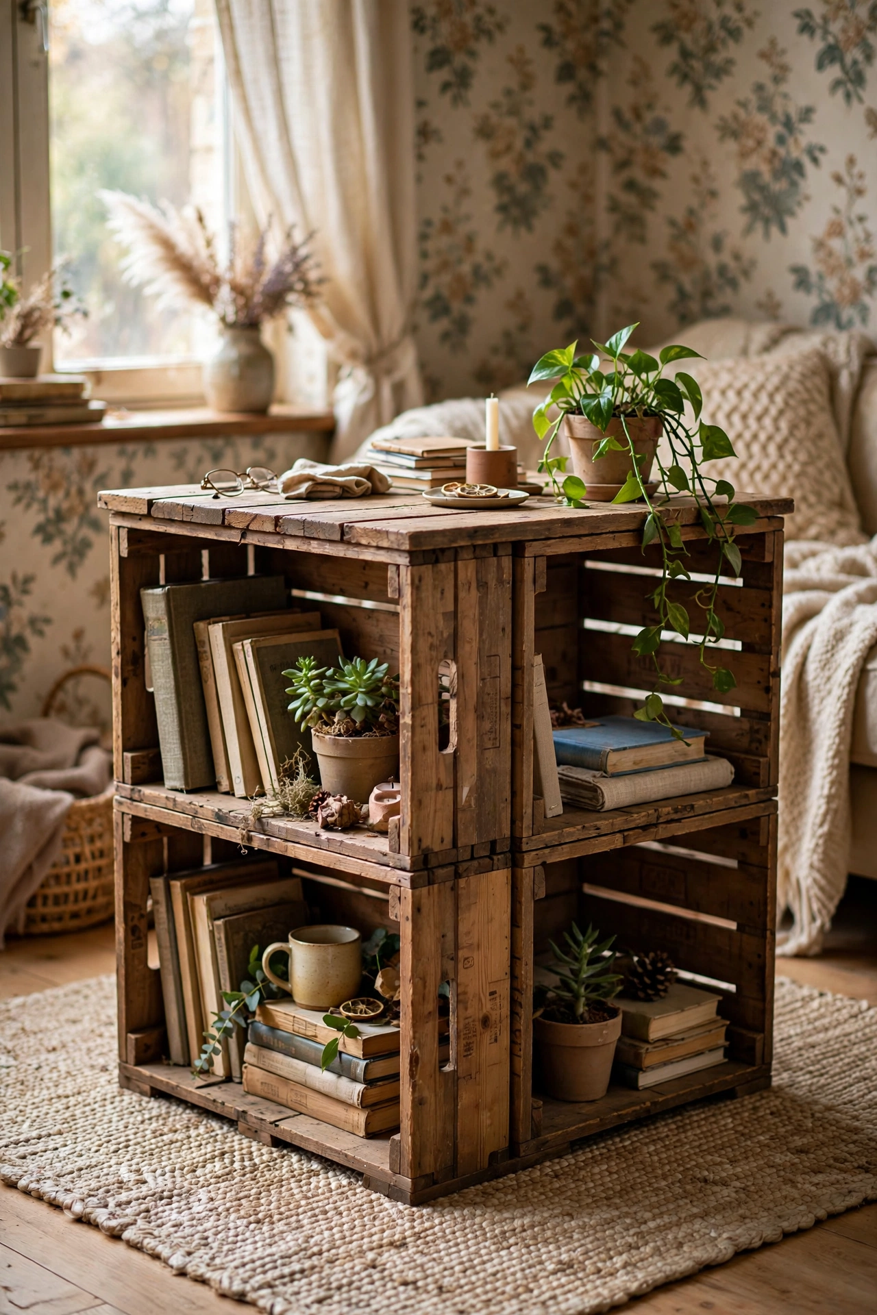DIY coffee table from four stacked wine crates with open shelf fronts holding books