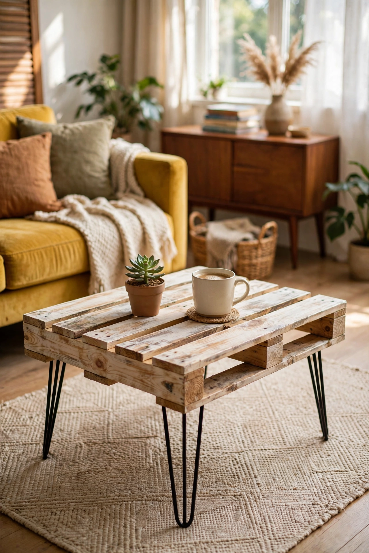 Mid-century style DIY coffee table with a sanded pallet top on black hairpin legs