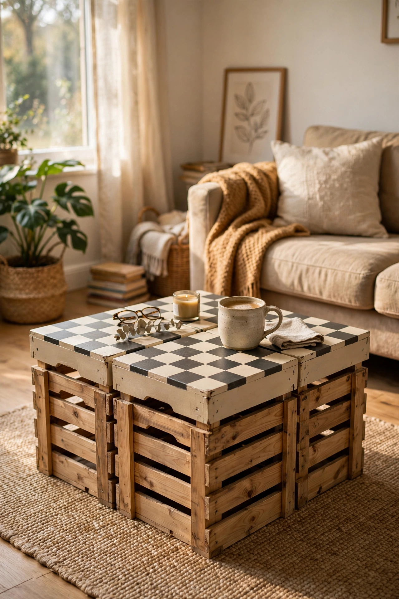 DIY coffee table from four crates with checkerboard painted tops in cream and charcoal