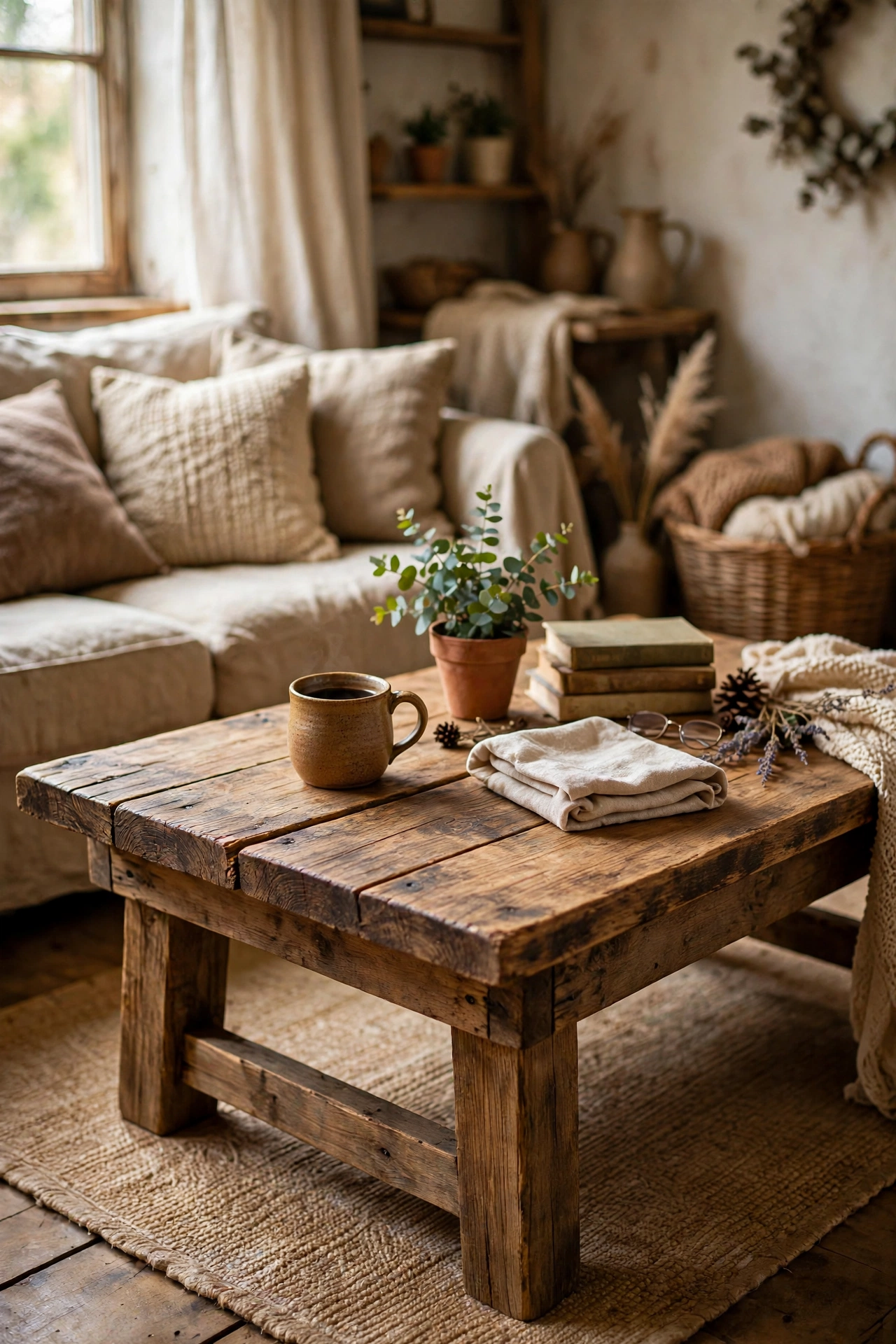 Rustic DIY coffee table built from two scaffolding boards on simple wooden legs
