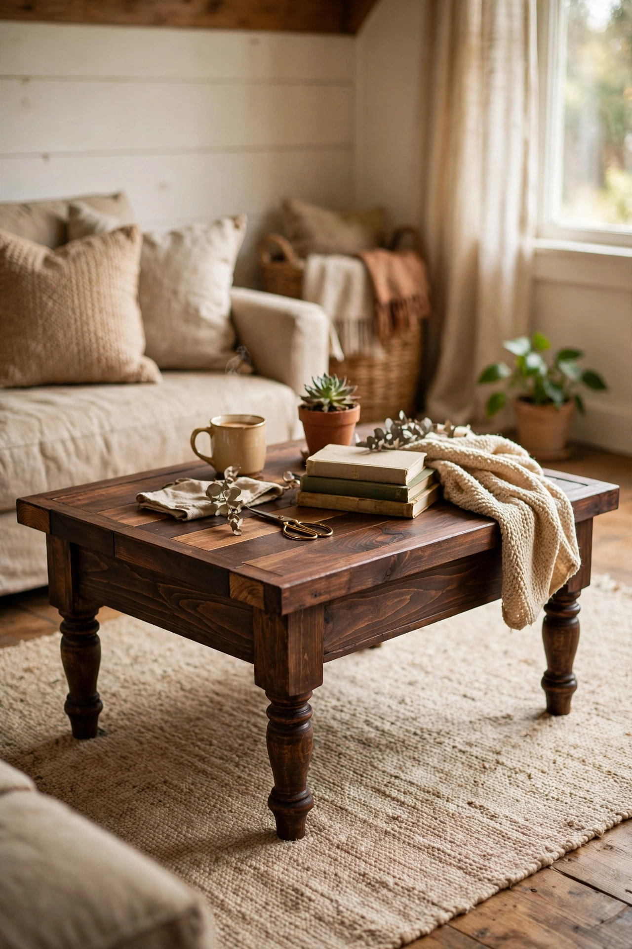 Farmhouse DIY coffee table with a framed plank top and breadboard ends in dark walnut stain