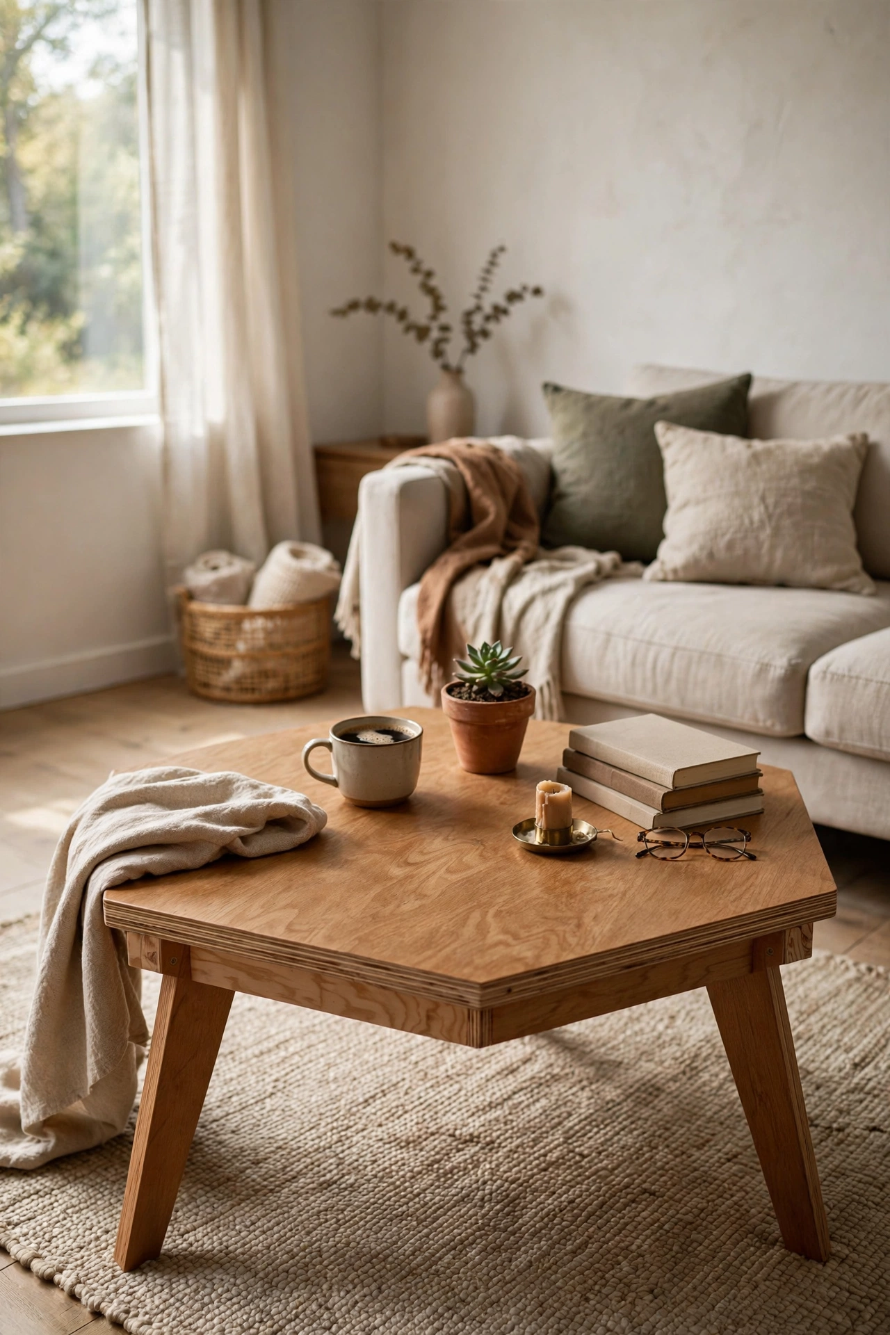 Modern DIY coffee table with a hexagon plywood top in warm oak tone