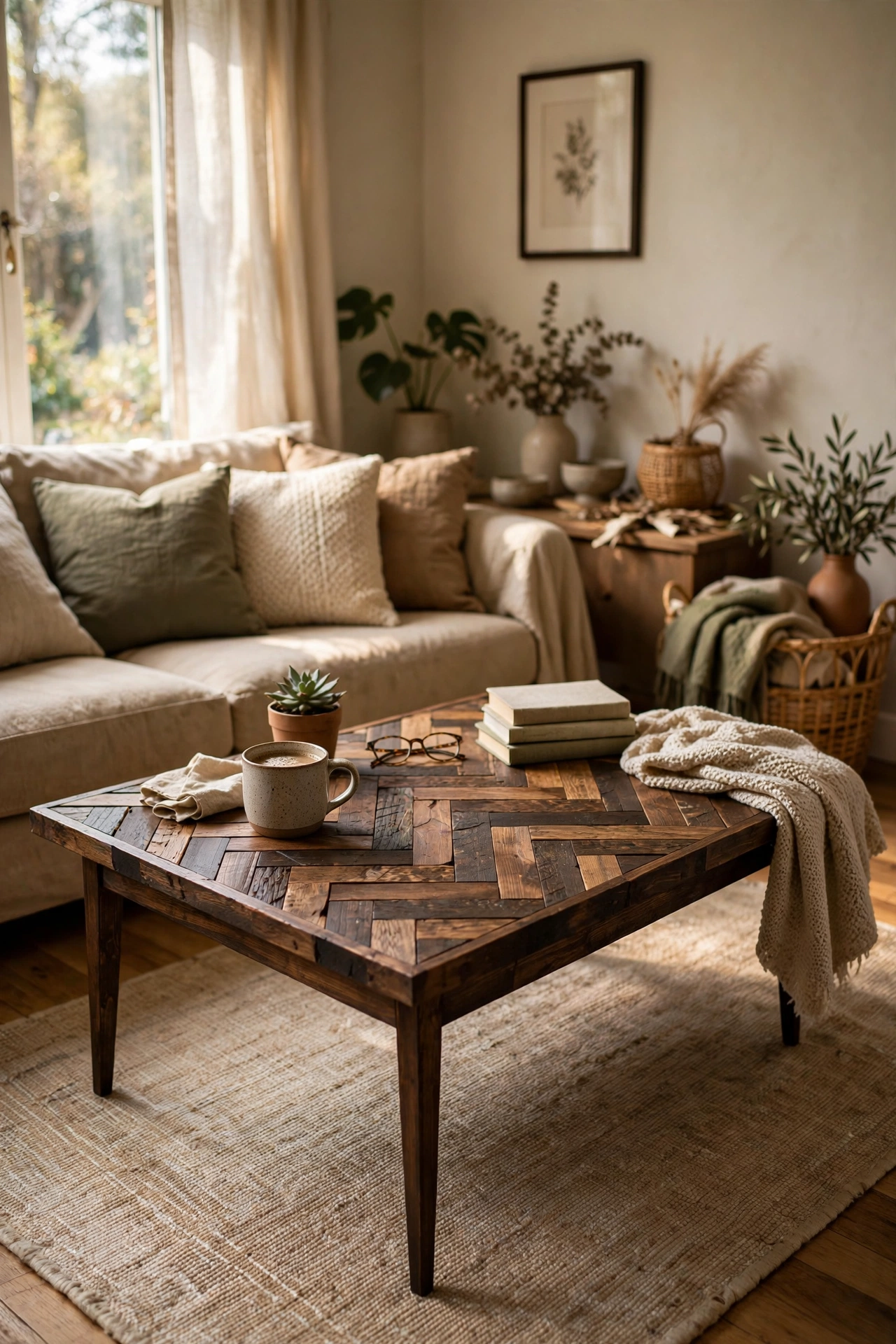 Elegant DIY coffee table with a herringbone timber offcut top in dark stain